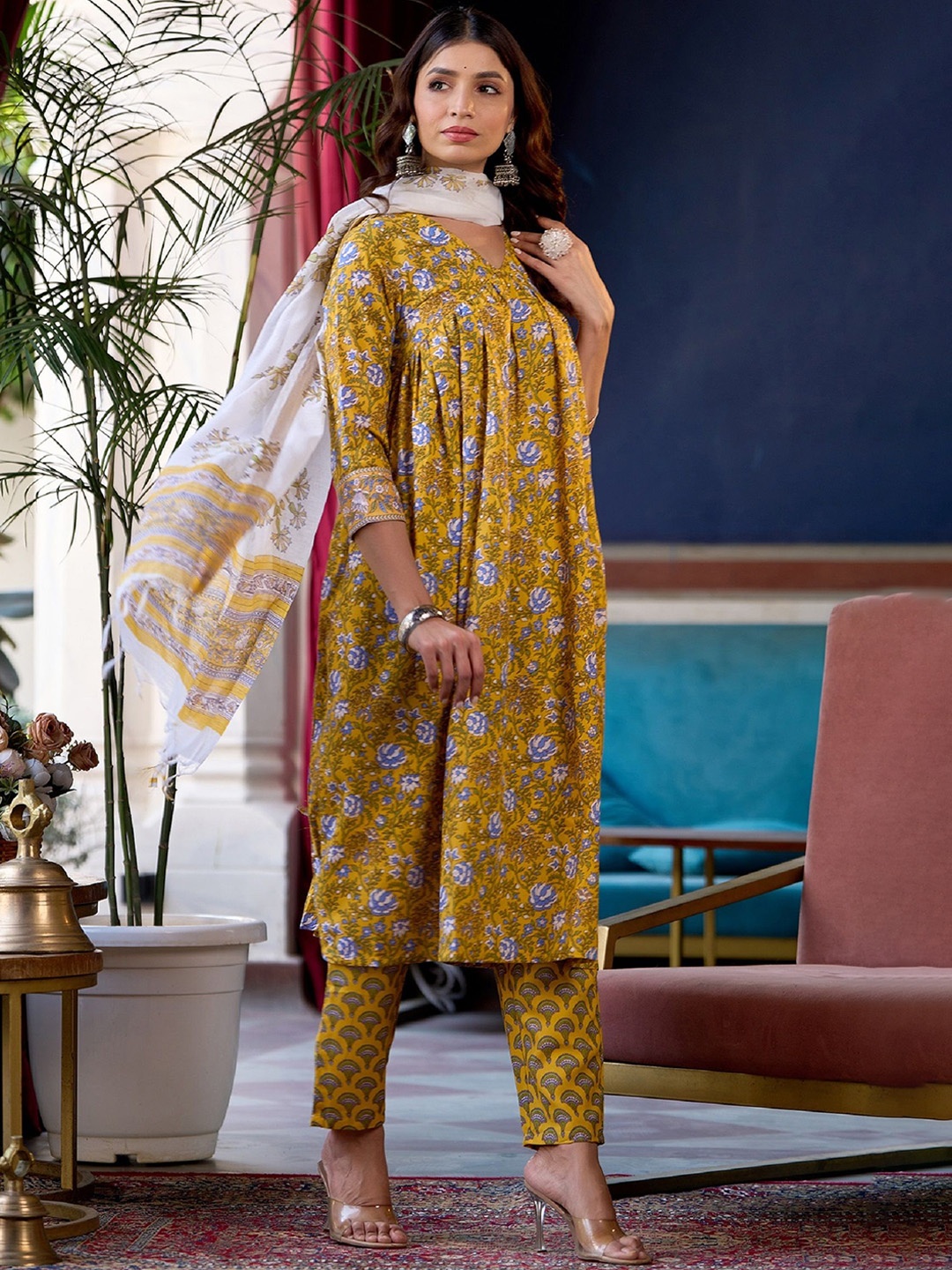 KALINI Women Floral Printed Regular Thread Work Kurta with Trousers & With Dupatta, Yellow