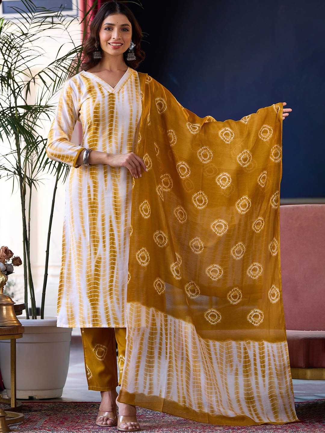 

KALINI Women Dyed Regular Thread Work Kurta with Trousers & With Dupatta, Yellow