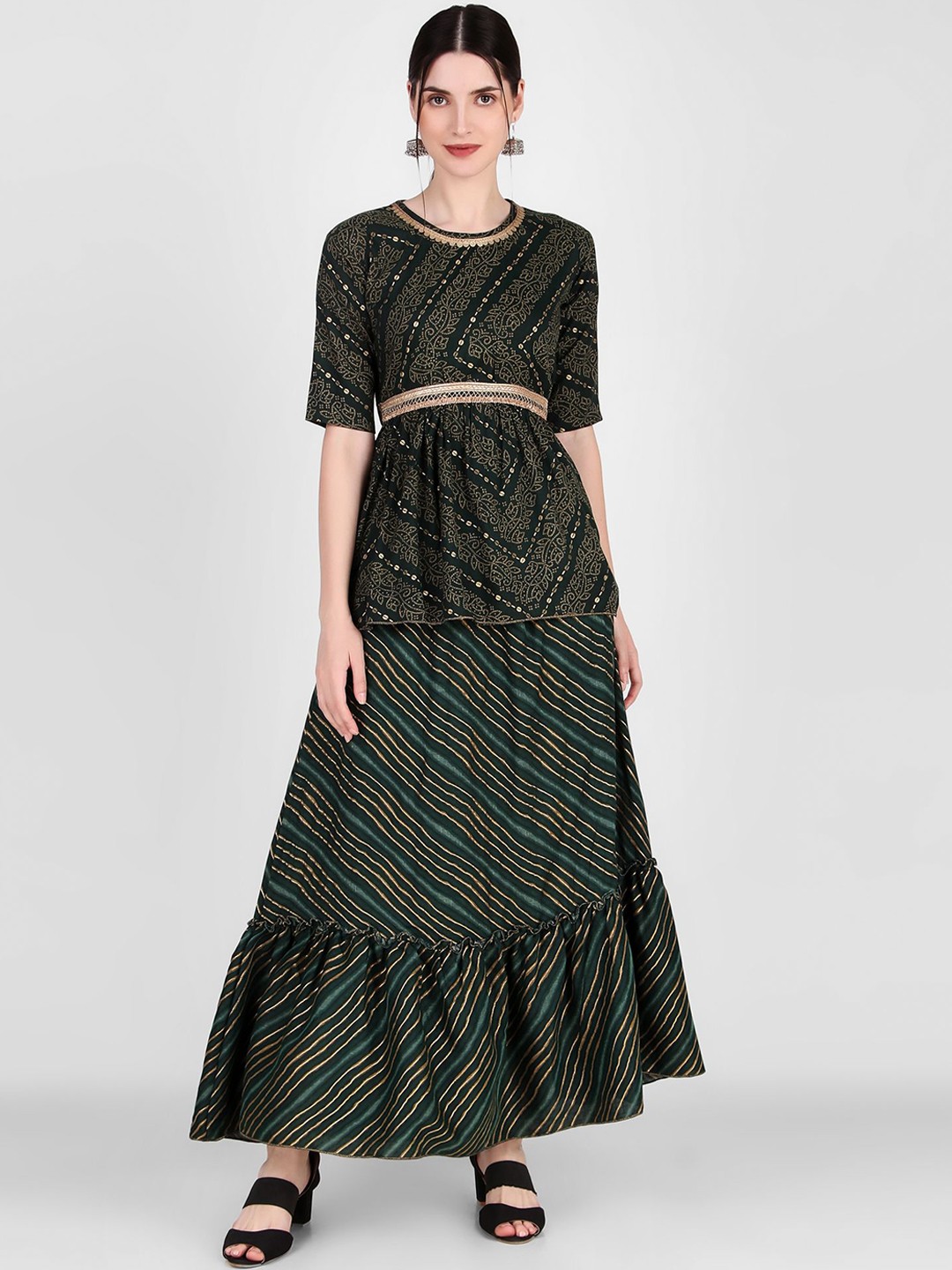 

FNOCKS Printed Pure Cotton Short Sleeve Top & Skirt Co-Ords, Green