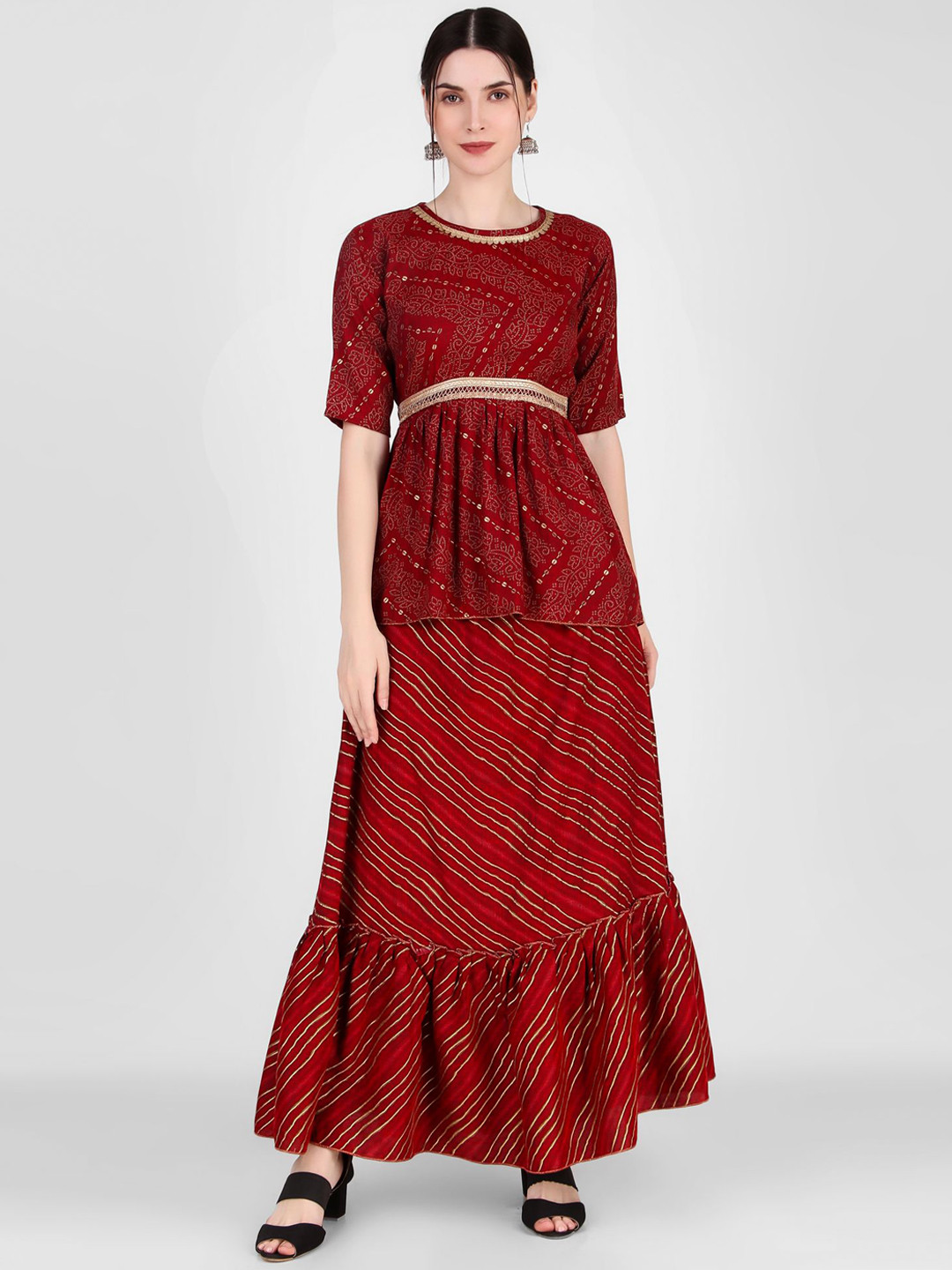 

FNOCKS Printed Top With Skirt Co-Ords, Maroon