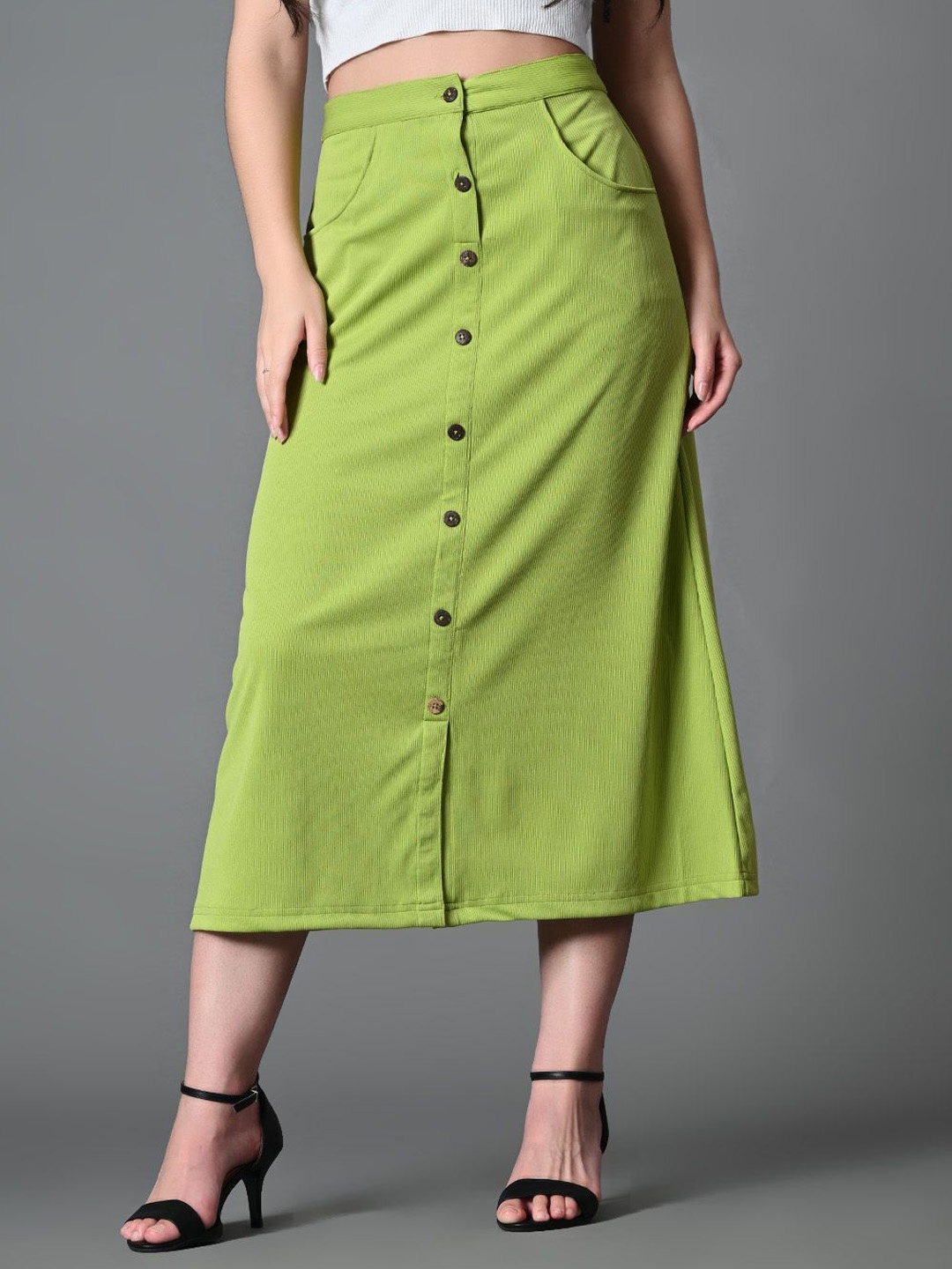 

Roadster Front Slit Midi A-Line Skirts, Green