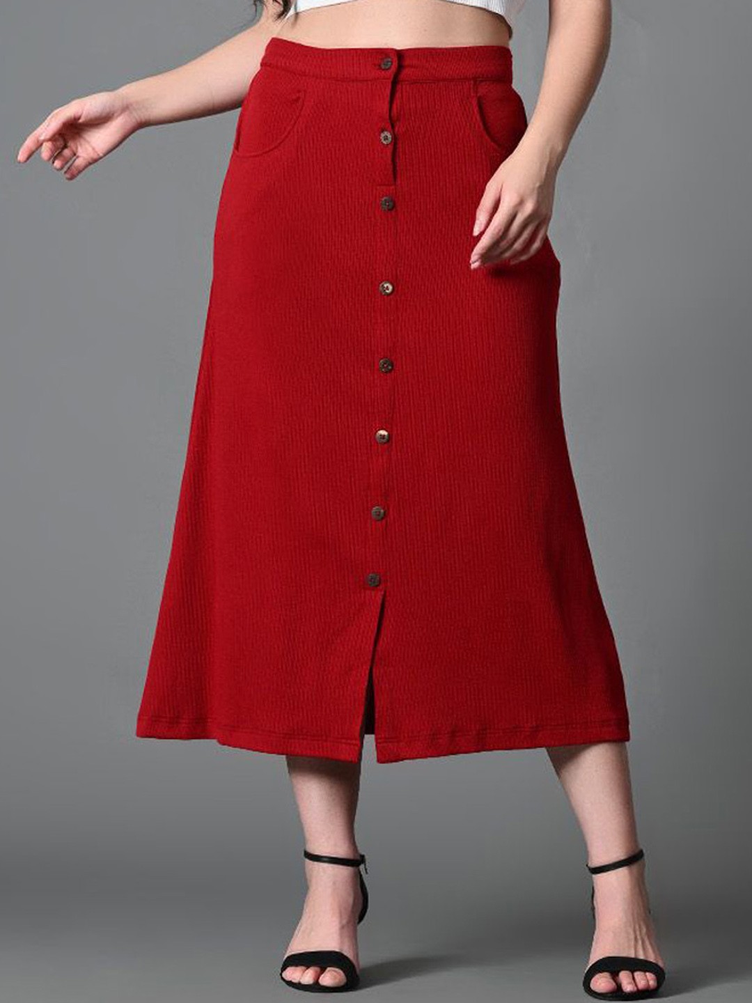 

Roadster Front Slit Midi A-Line Skirts, Maroon