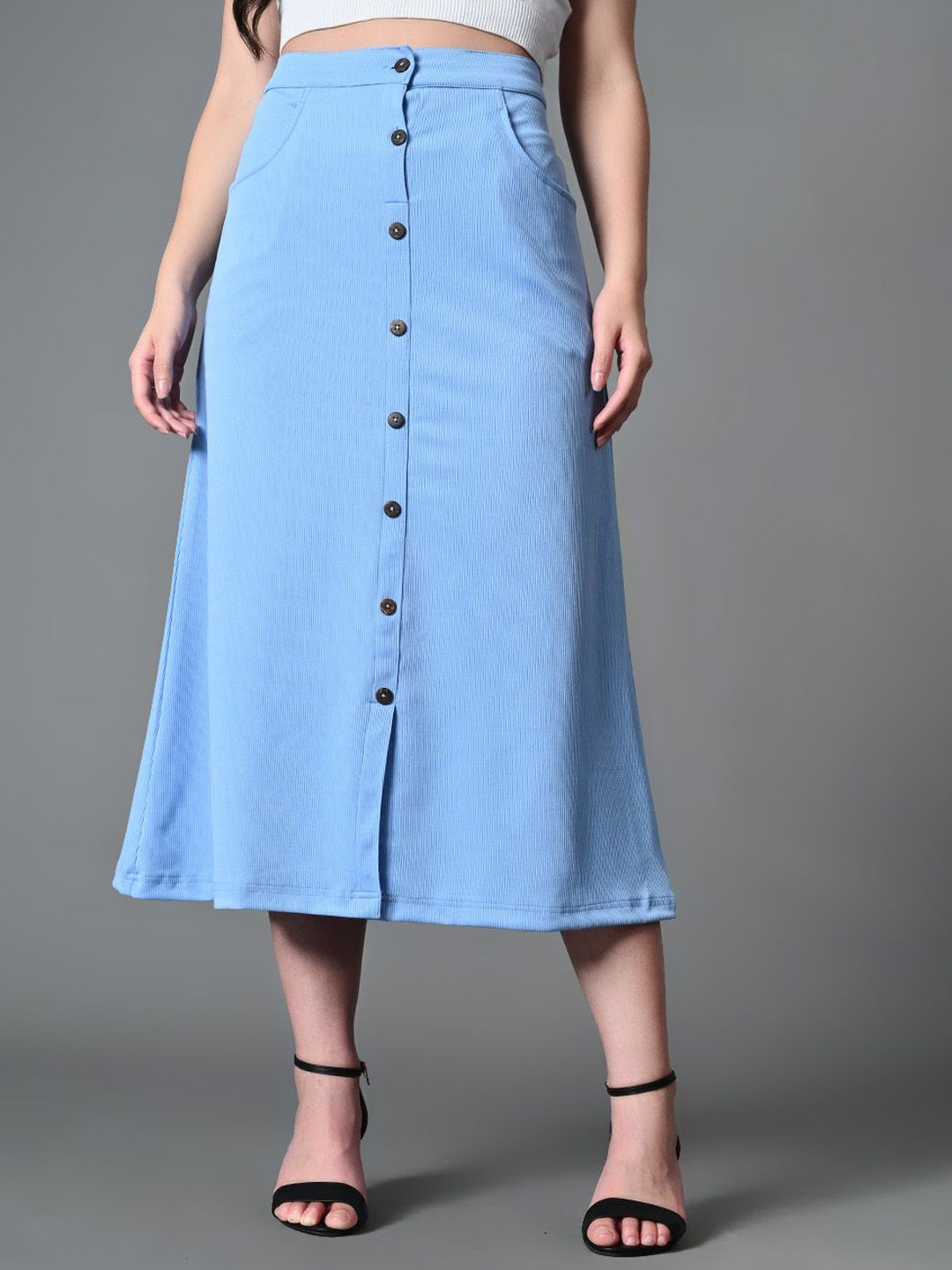 The Roadster Lifestyle Co Ribbed Midi A-Line Skirts, Blue
