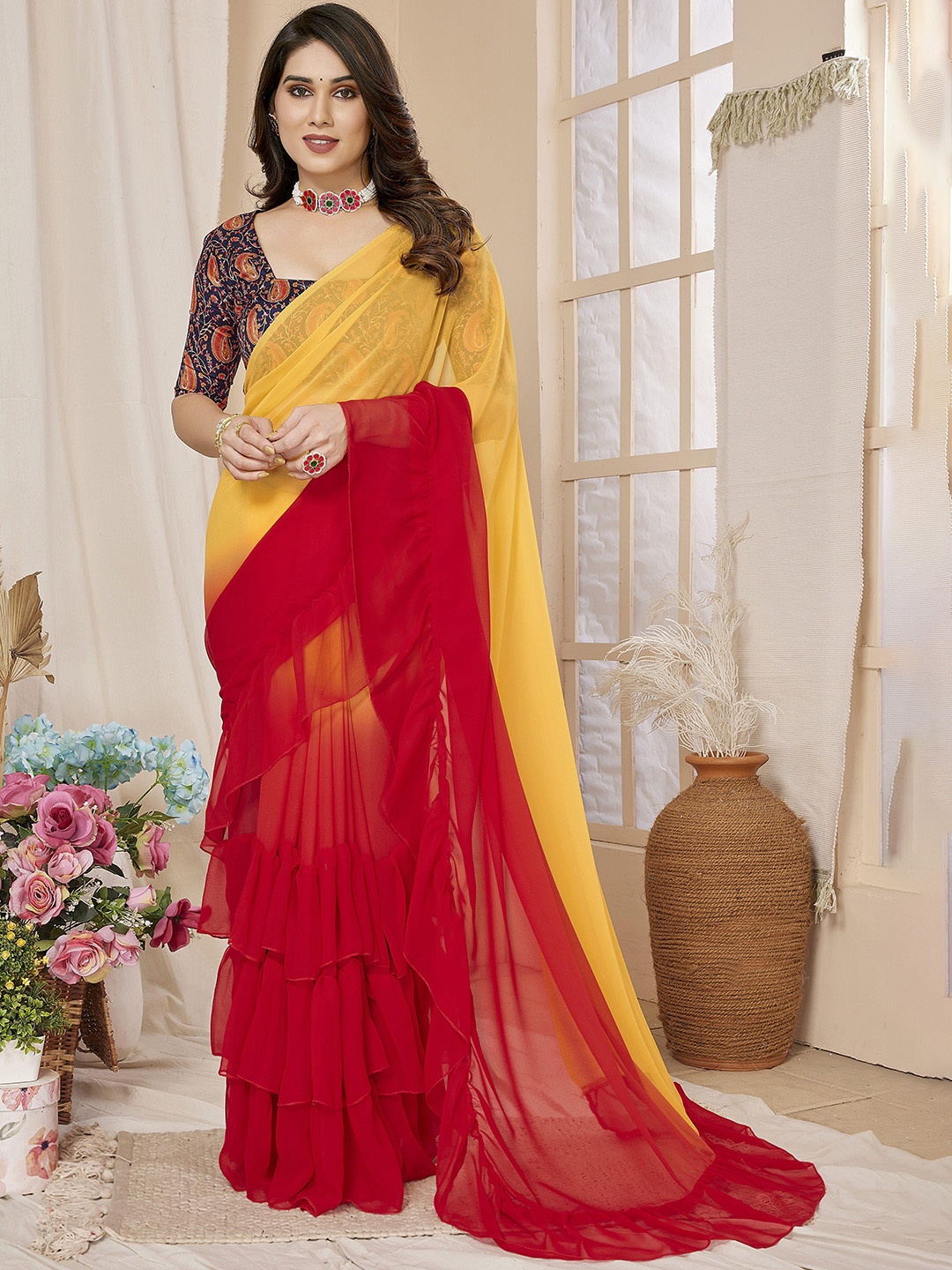 

MAGMINA Ombre Zari Pure Georgette Saree, Orange