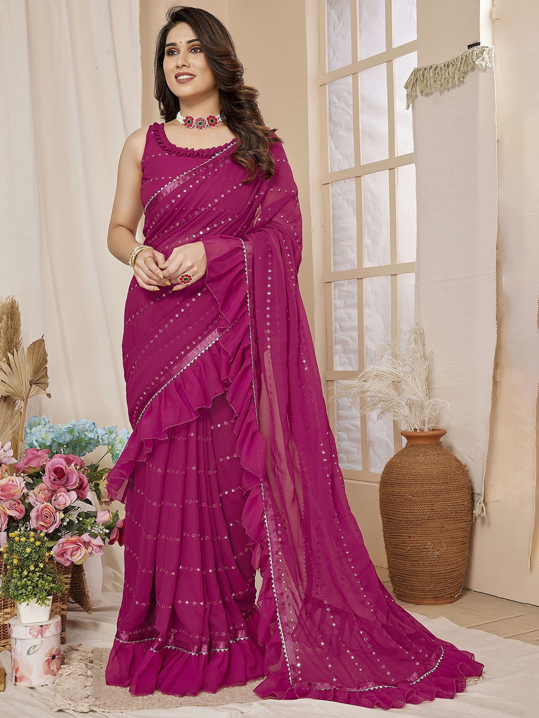 

MAGMINA Embellished Mirror Work Pure Georgette Saree, Pink