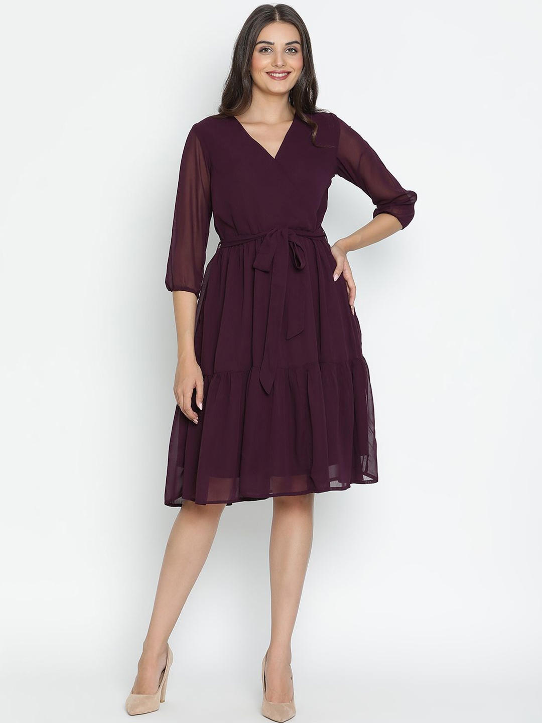 

DRAAX Fashions Puff Sleeve Tie-Up Tiered Fit & Flare Dress, Magenta