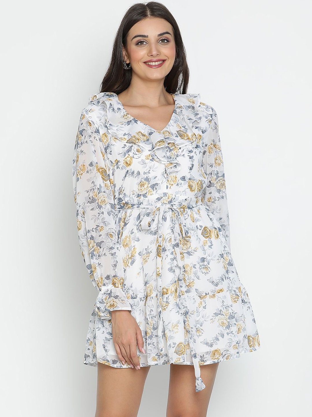 

DRAAX Fashions Floral Printed Cuffed Sleeve Fit & Flare Dress, White