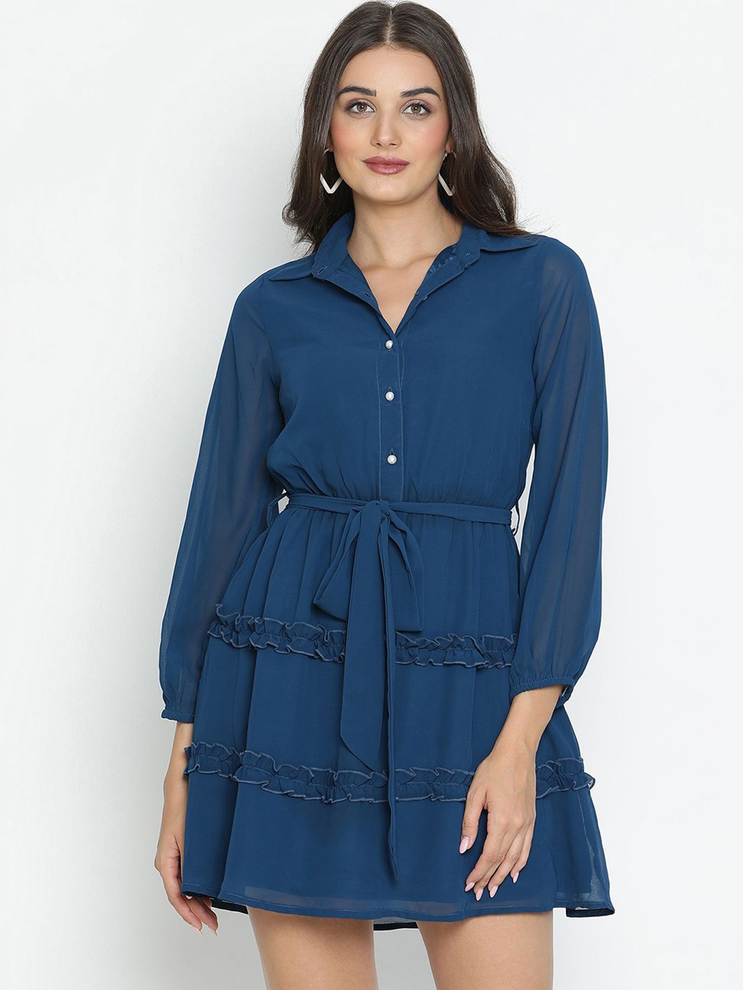 

DRAAX Fashions Shirt Collar Puff Sleeve Fit & Flare Dress, Blue