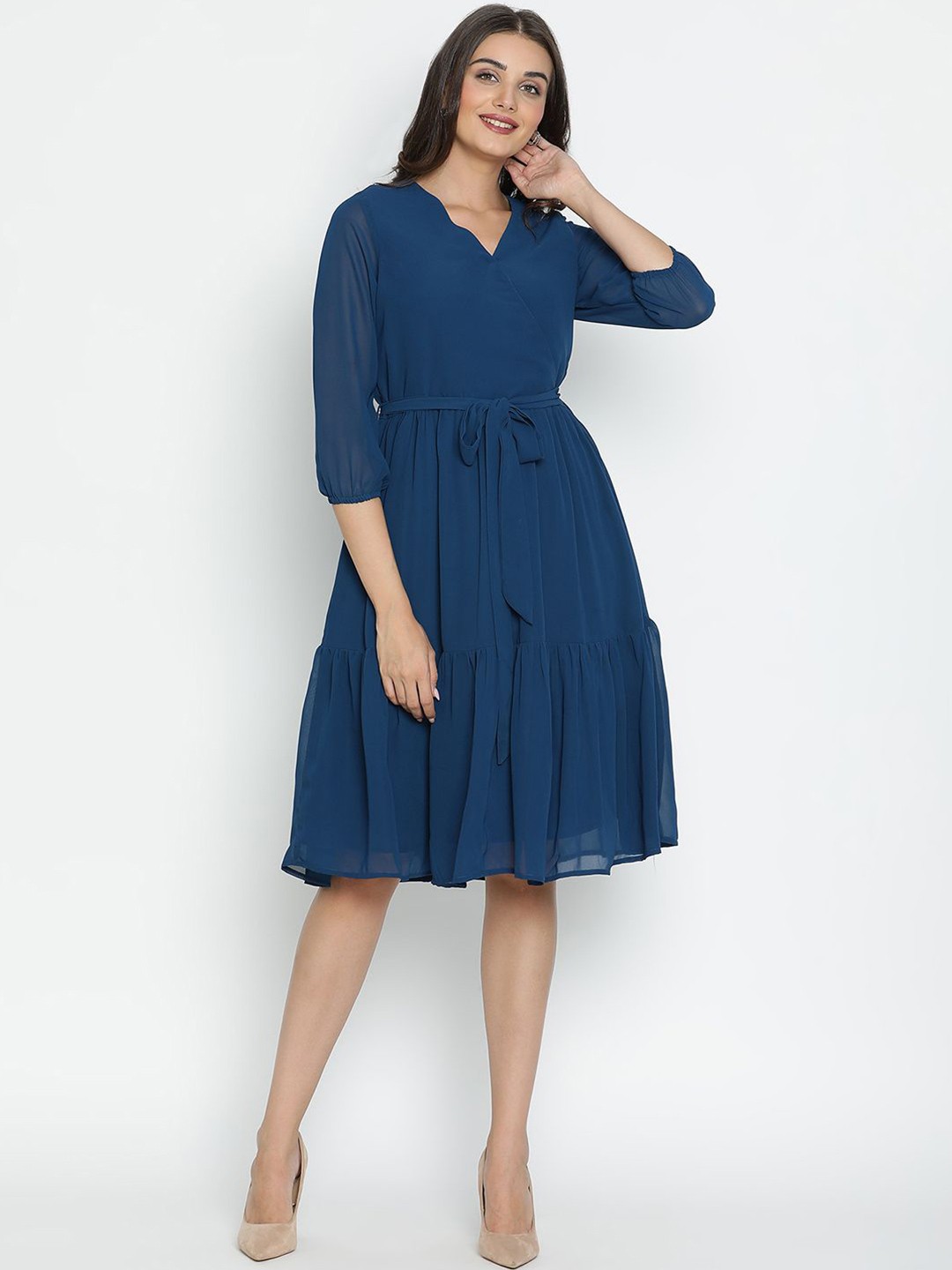 

DRAAX Fashions V-Neck Fit & Flare Dress, Blue