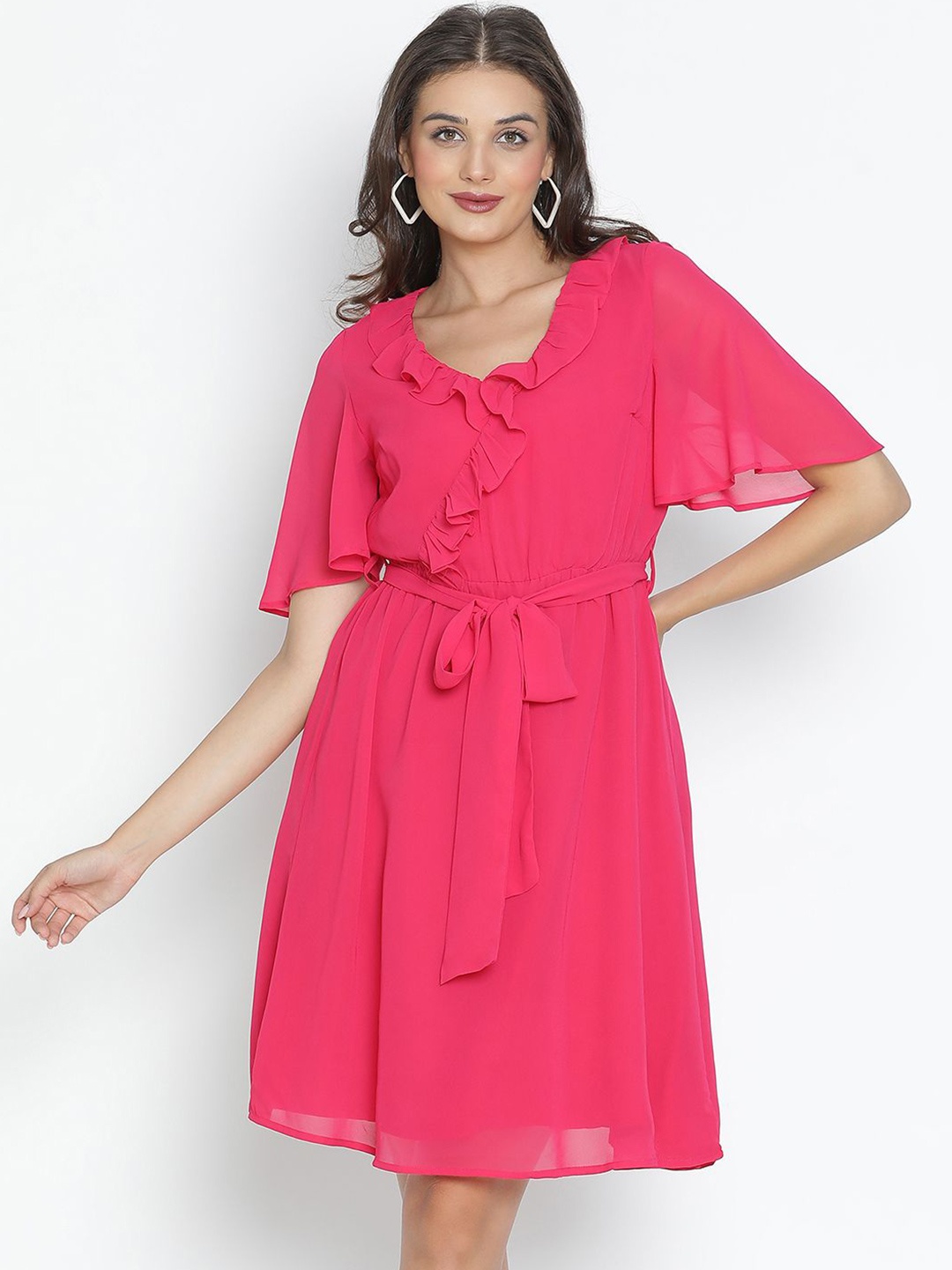 

DRAAX Fashions Flared Sleeve Ruffles Fit & Flare Dress, Pink