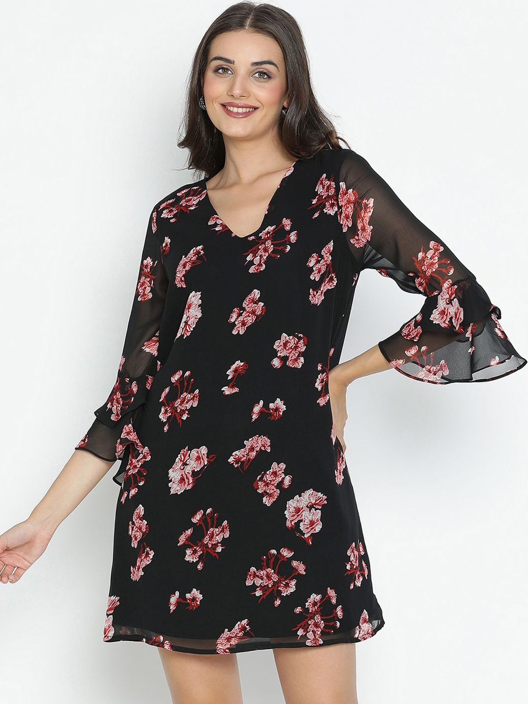 

DRAAX Fashions Floral Print V-Neck Bell Sleeve A-Line Mini Dress, Black