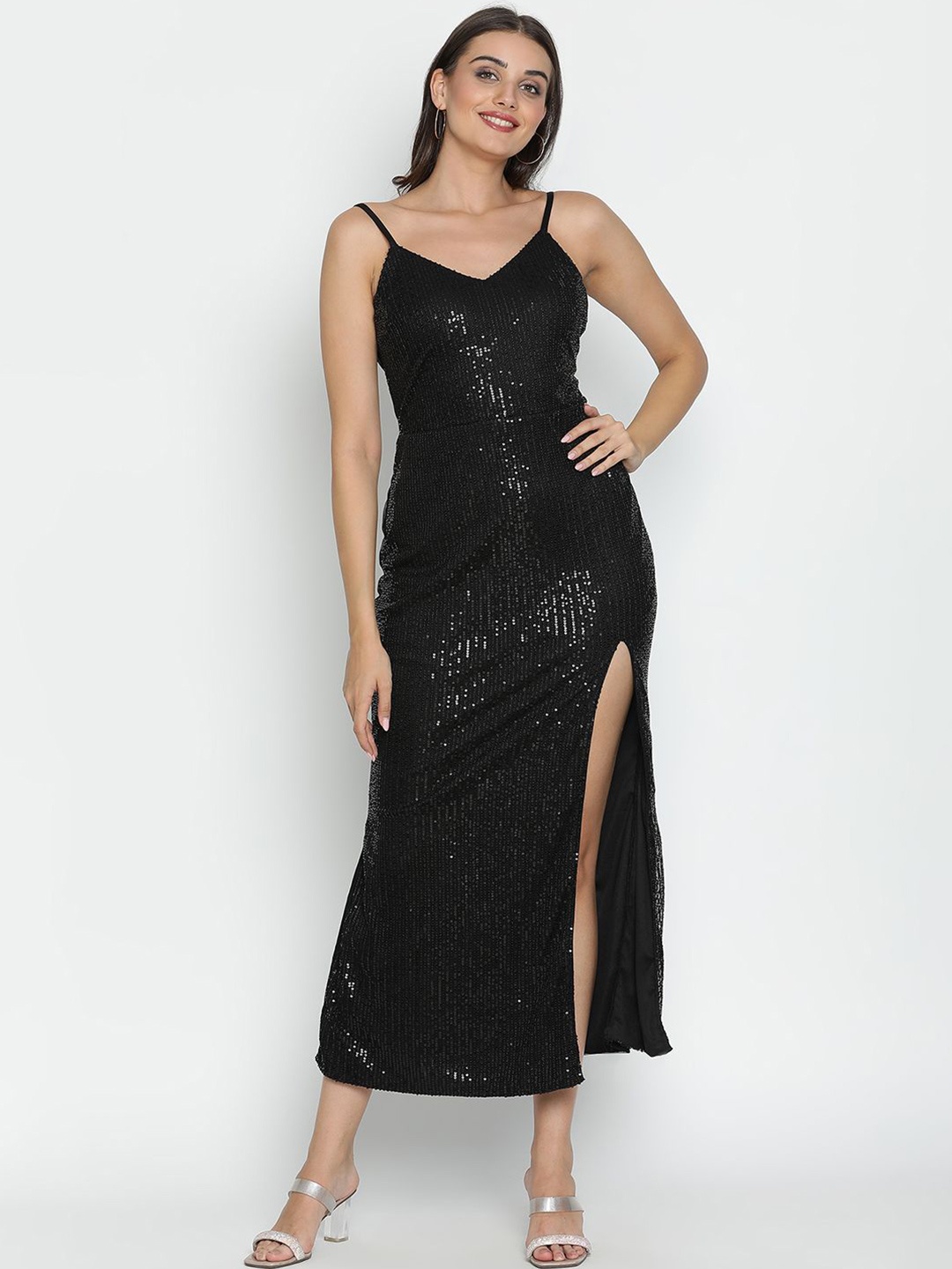 

DRAAX Fashions Embellished Sequinned Side Slit Sheath Midi Dress, Black