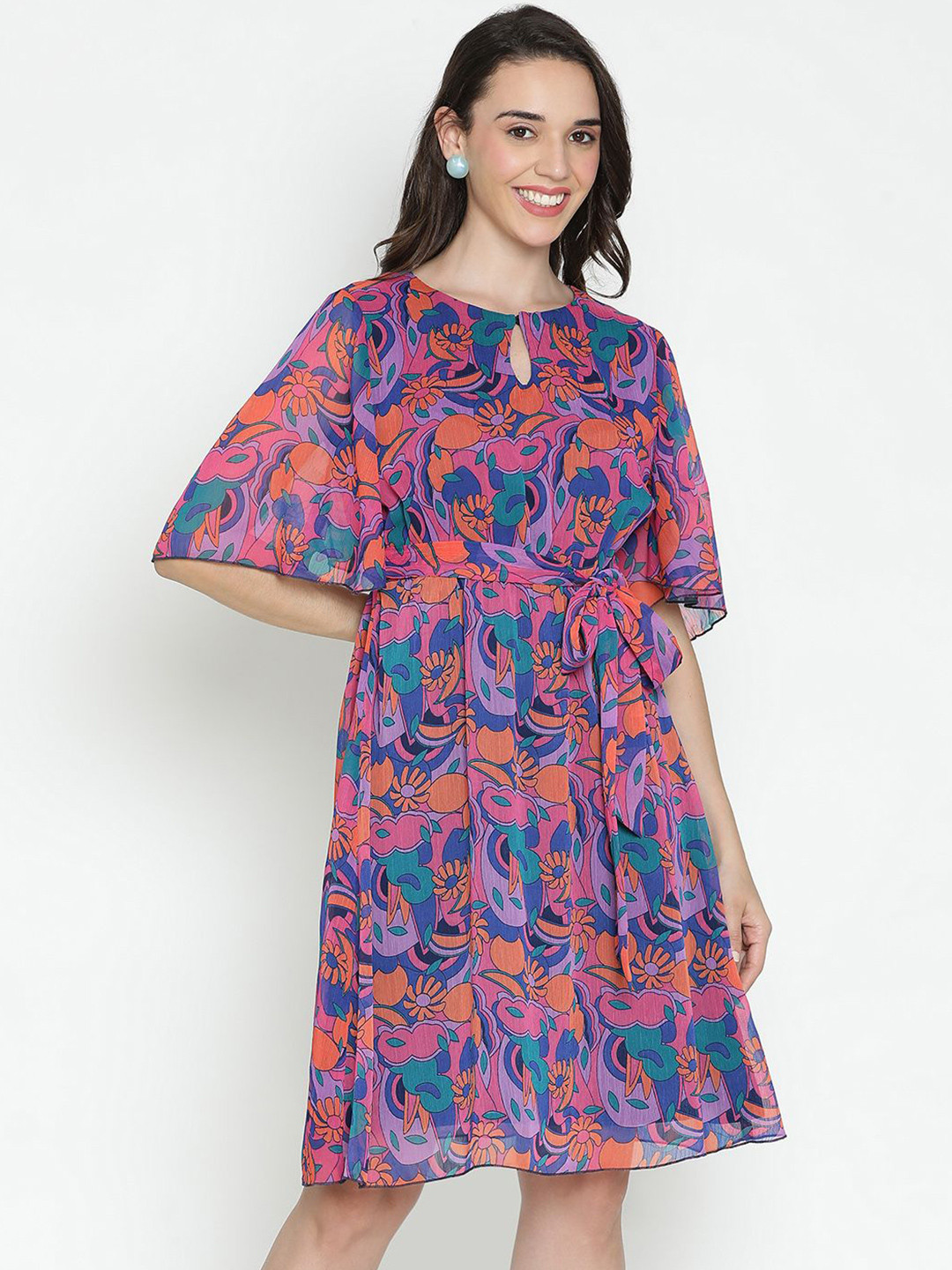 

DRAAX Fashions Printed Keyhole Neck Flared Sleeves Belted Fit and Flare Dress, Navy blue