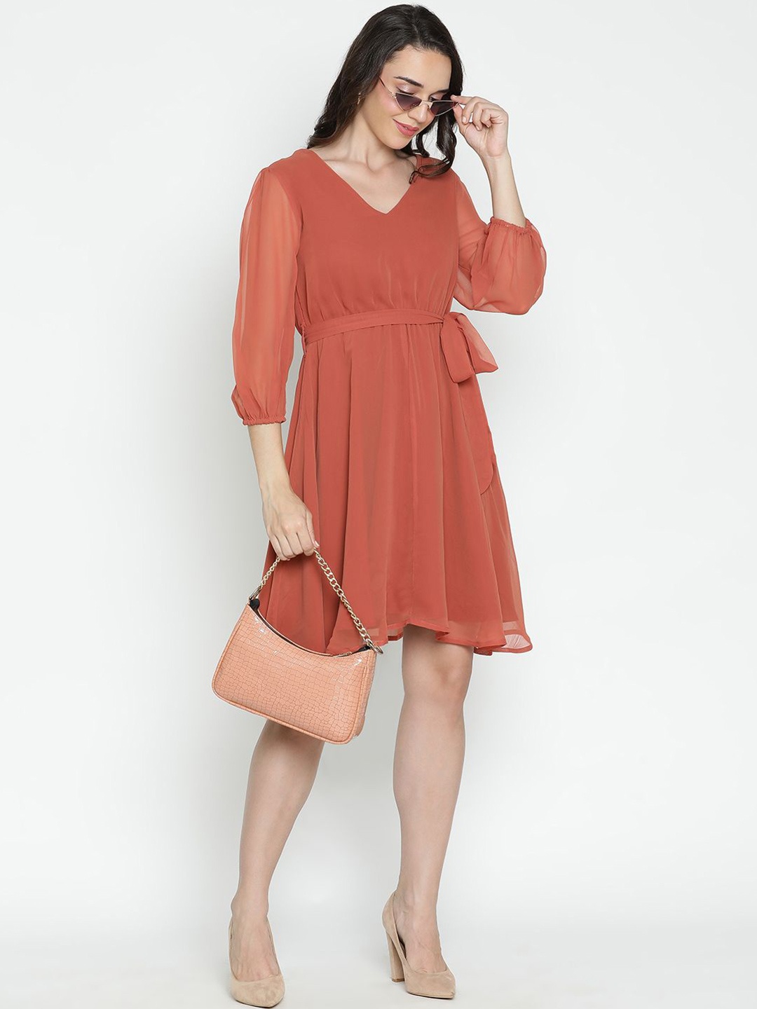 

DRAAX Fashions Women V-Neck Puff Sleeve Fit & Flare Dress, Rust
