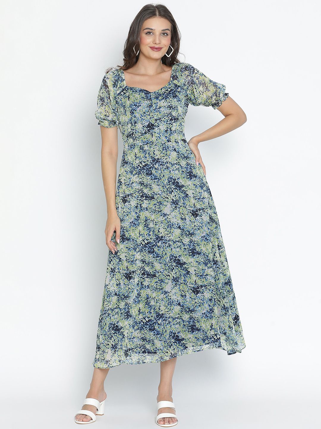 

DRAAX Fashions Printed Puff Sleeve A-Line Midi Dress, Green