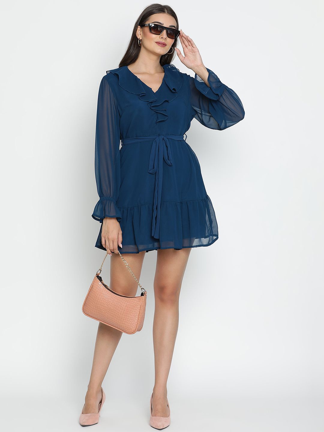 

DRAAX Fashions Puff Sleeve Ruffles A-Line Dress, Blue