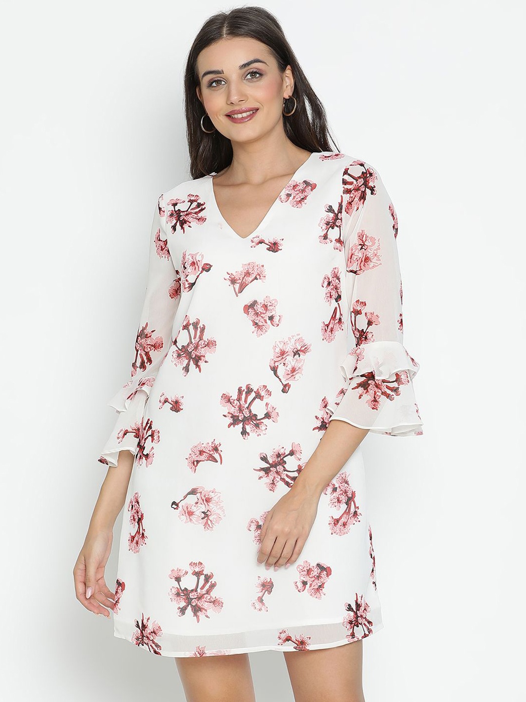 

DRAAX Fashions Floral Printed Bell Sleeve A-Line Dress, White