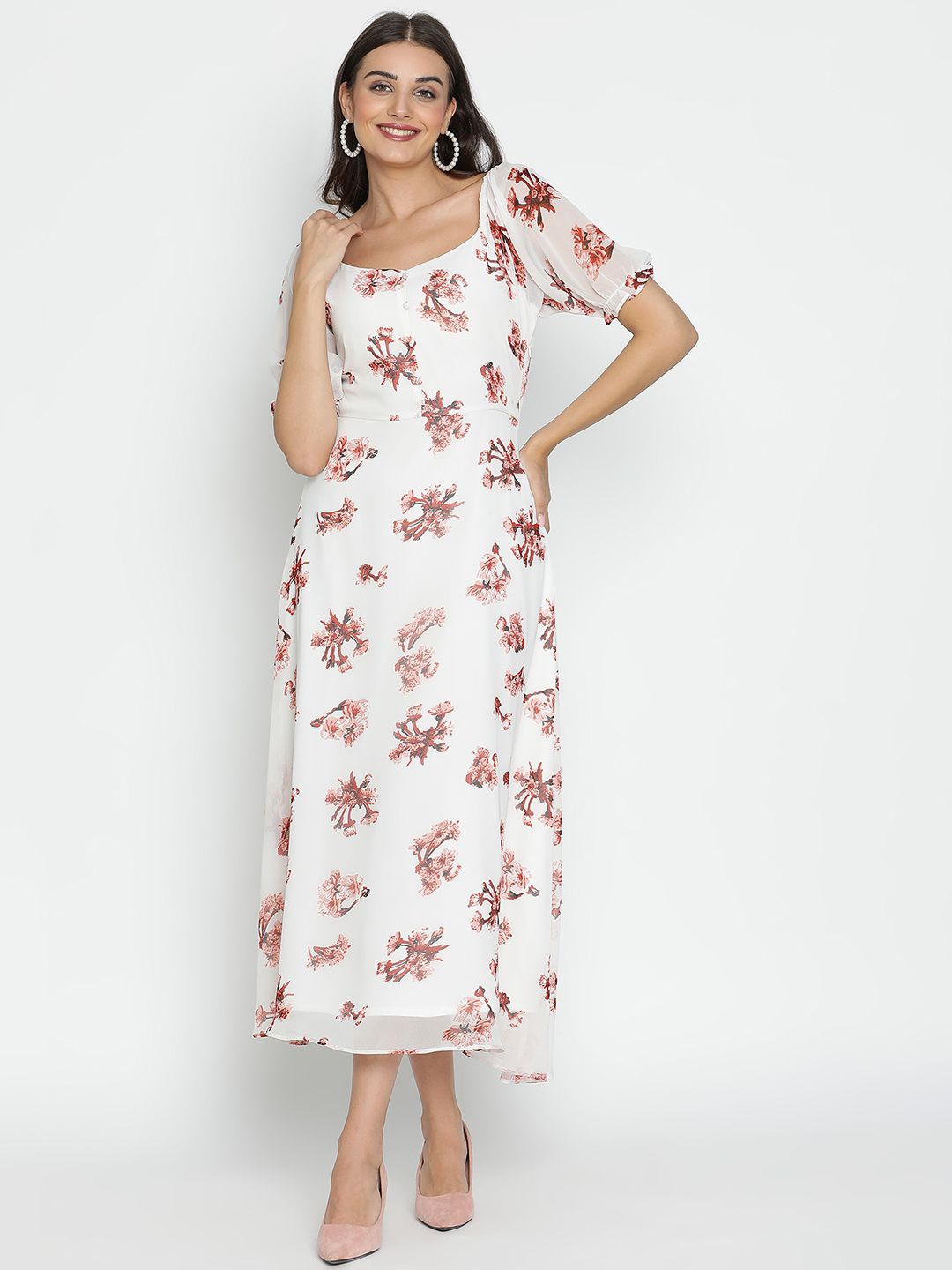 

DRAAX Fashions Floral Printed Puff Sleeve A-Line Midi Dress, White