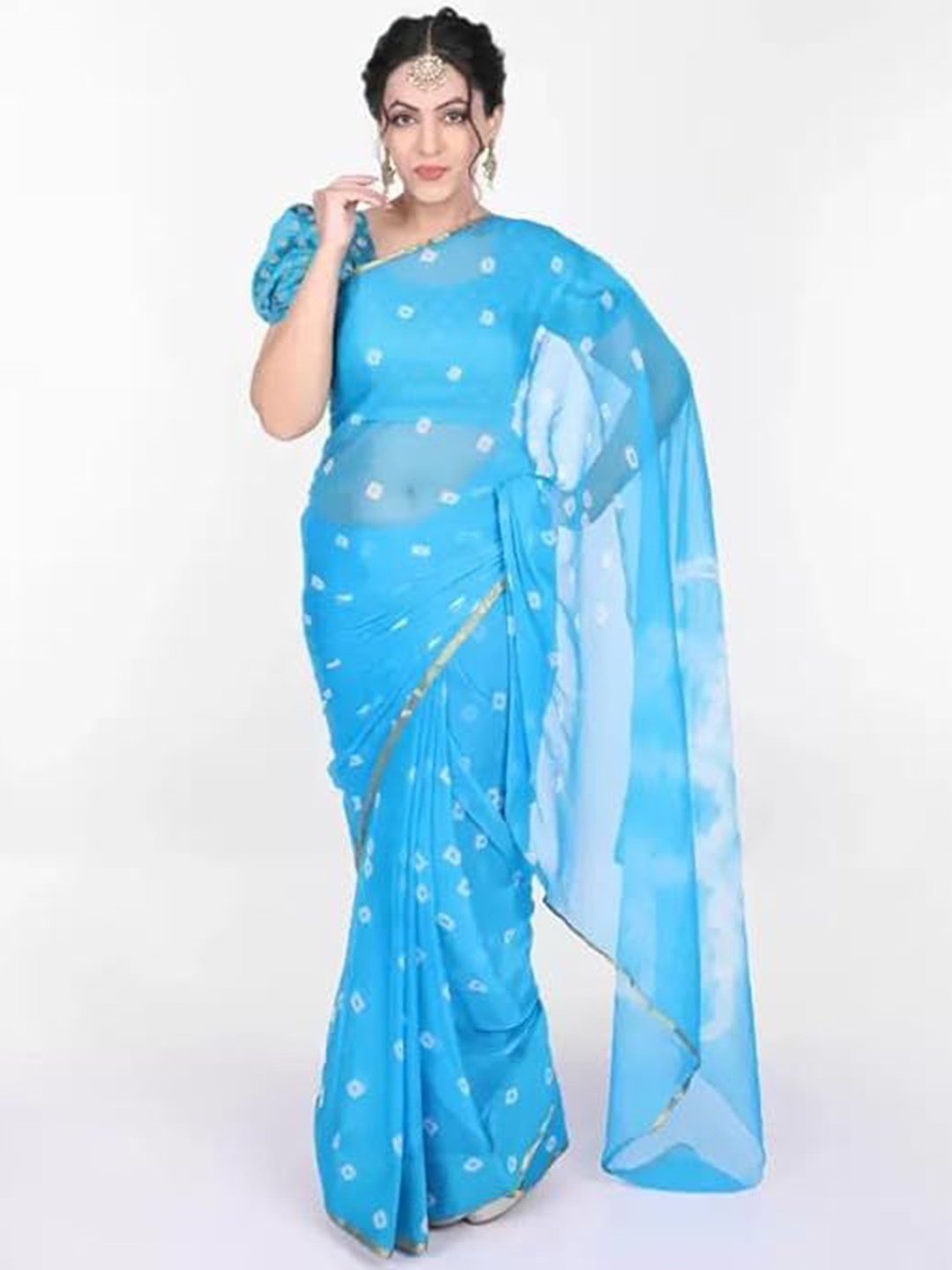 

Reboot Fashions Bandhani Zari Pure Chiffon Bandhani Saree, Blue