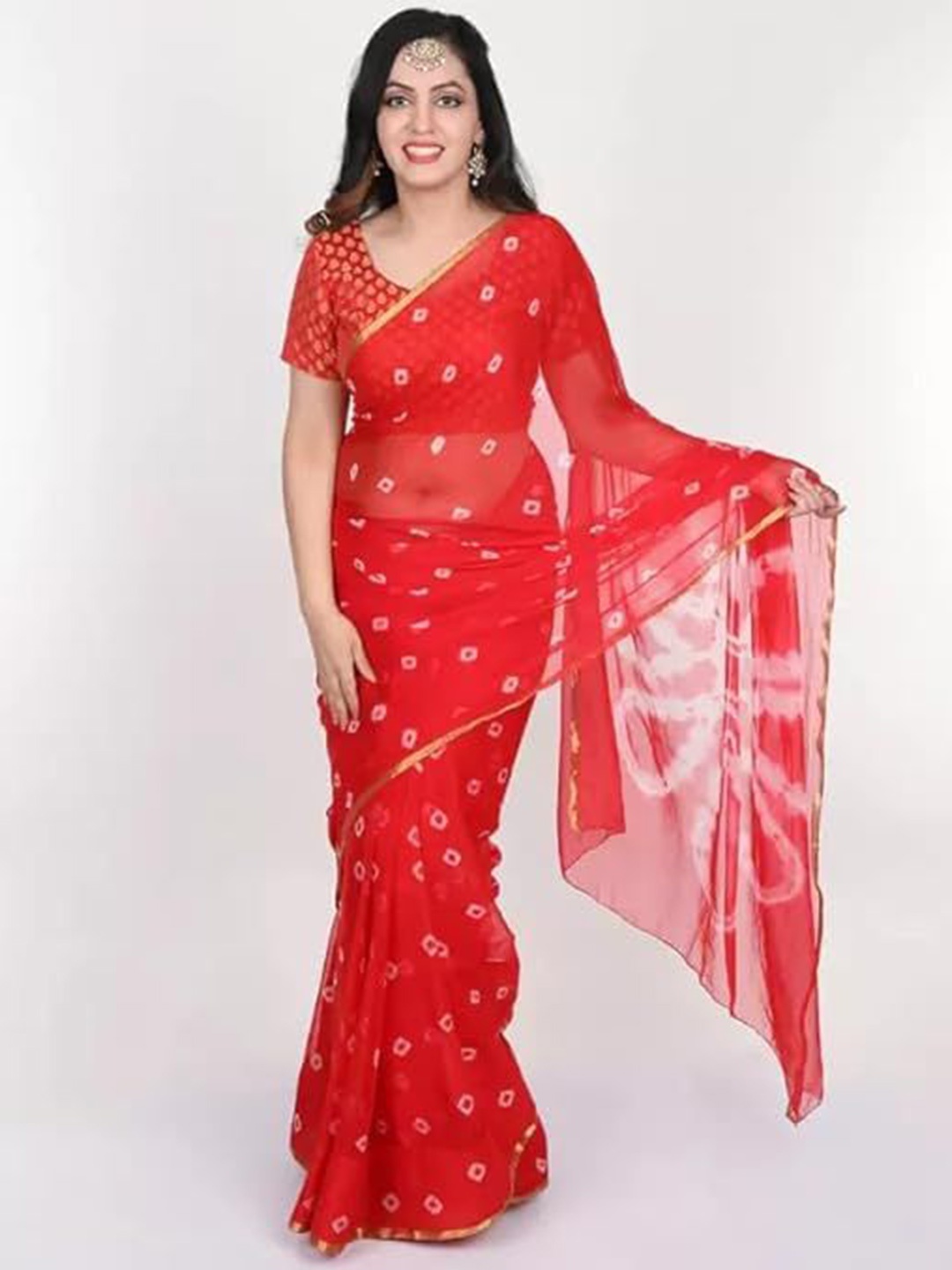 

Reboot Fashions Pure Chiffon Bandhani Saree, Red