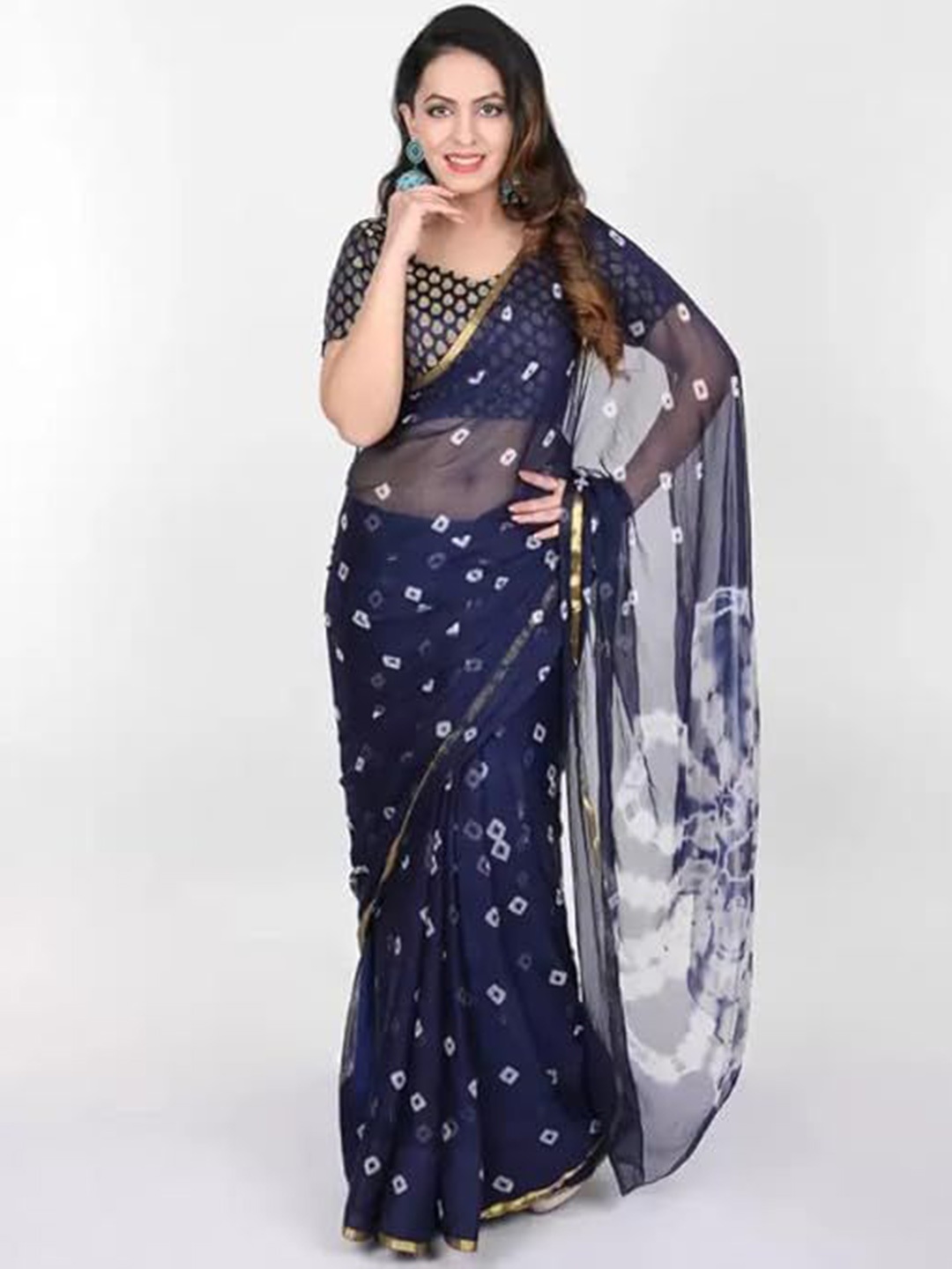 

Reboot Fashions Bandhani Zari Pure Chiffon Bandhani Saree, Navy blue