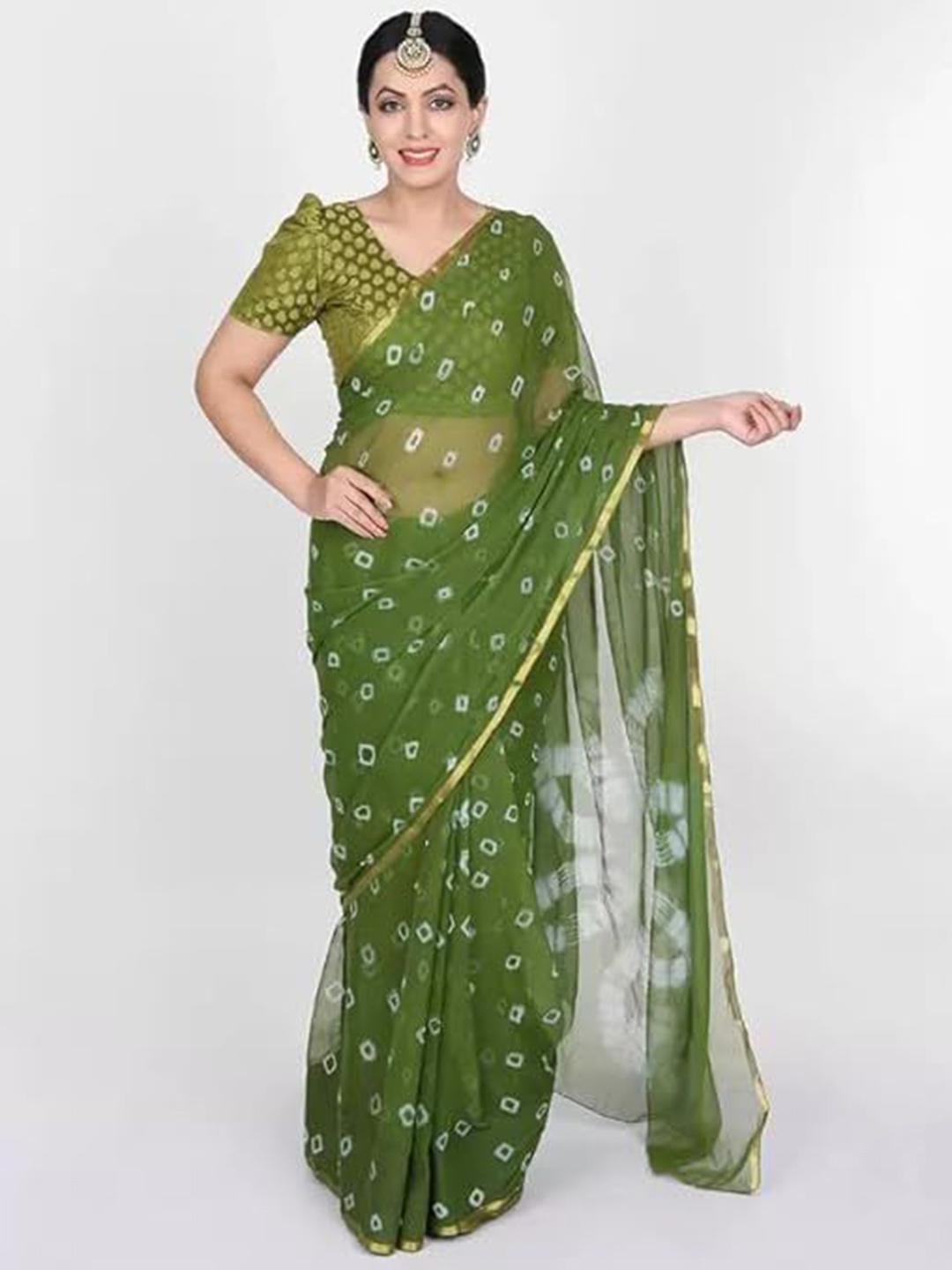 

Reboot Fashions Bandhani Pure Chiffon Bandhani Saree, Green