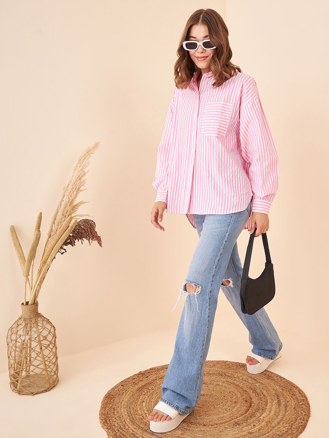 

Kibo Women Standard Striped Oversized Casual Shirt, Pink
