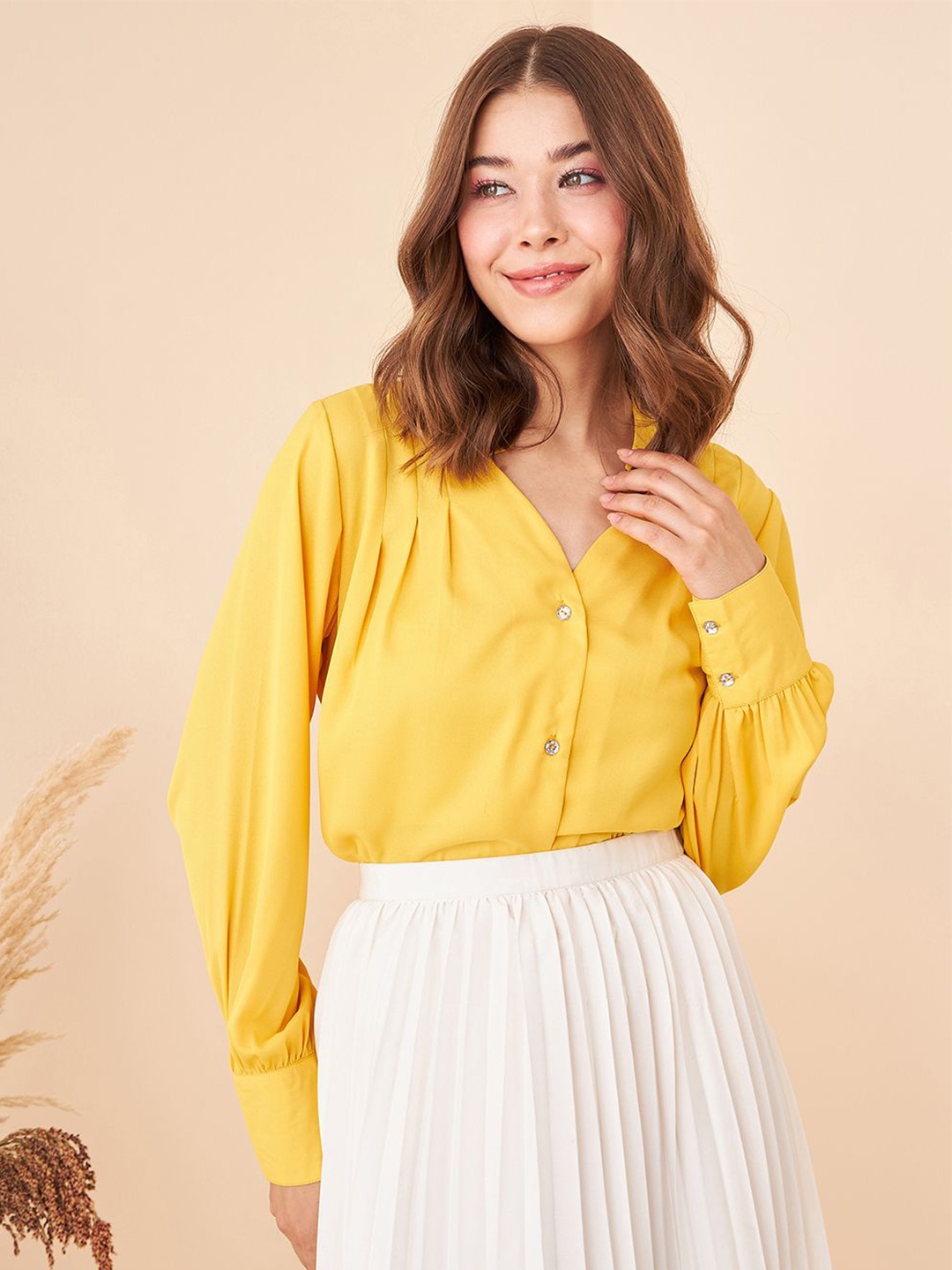 

Kibo Women Mandarin Collar Standard Solid Casual Shirt, Yellow