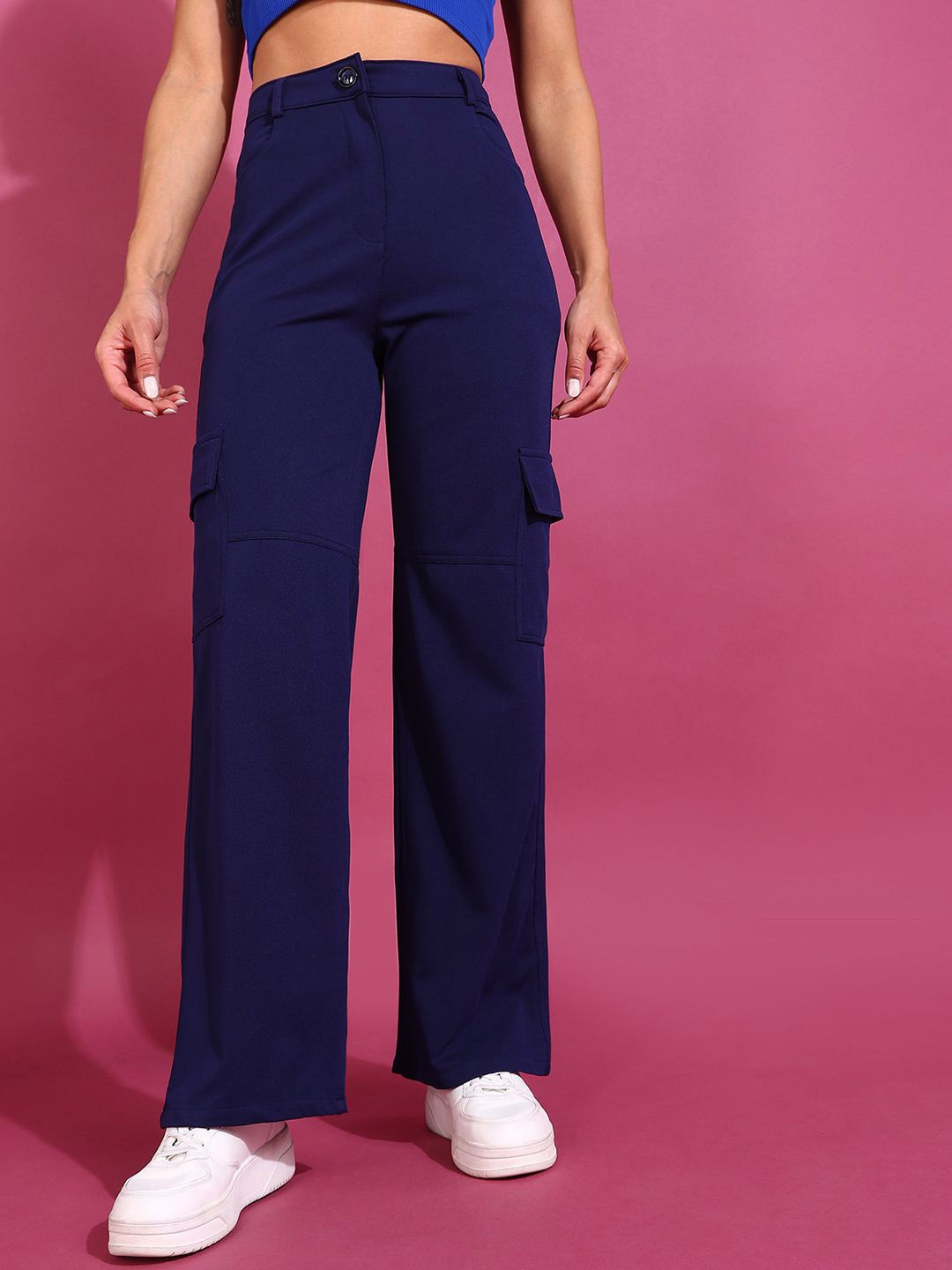 

BAESD Women Relaxed Straight Leg Straight Fit High-Rise Easy Wash Cargos, Navy blue