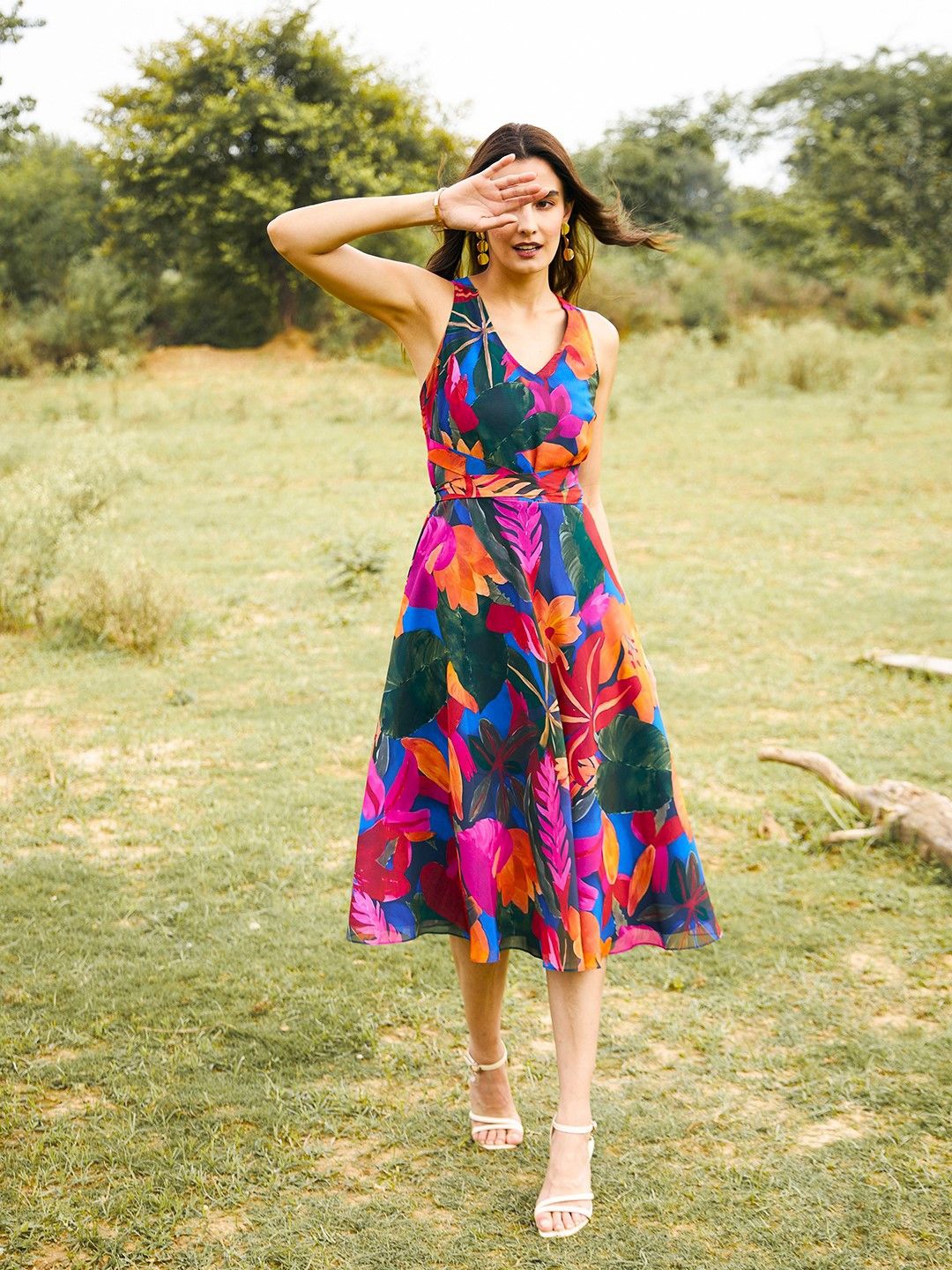 

MABISH by Sonal Jain Floral Print V-neck Georgette Fit & Flare Dress, Navy blue