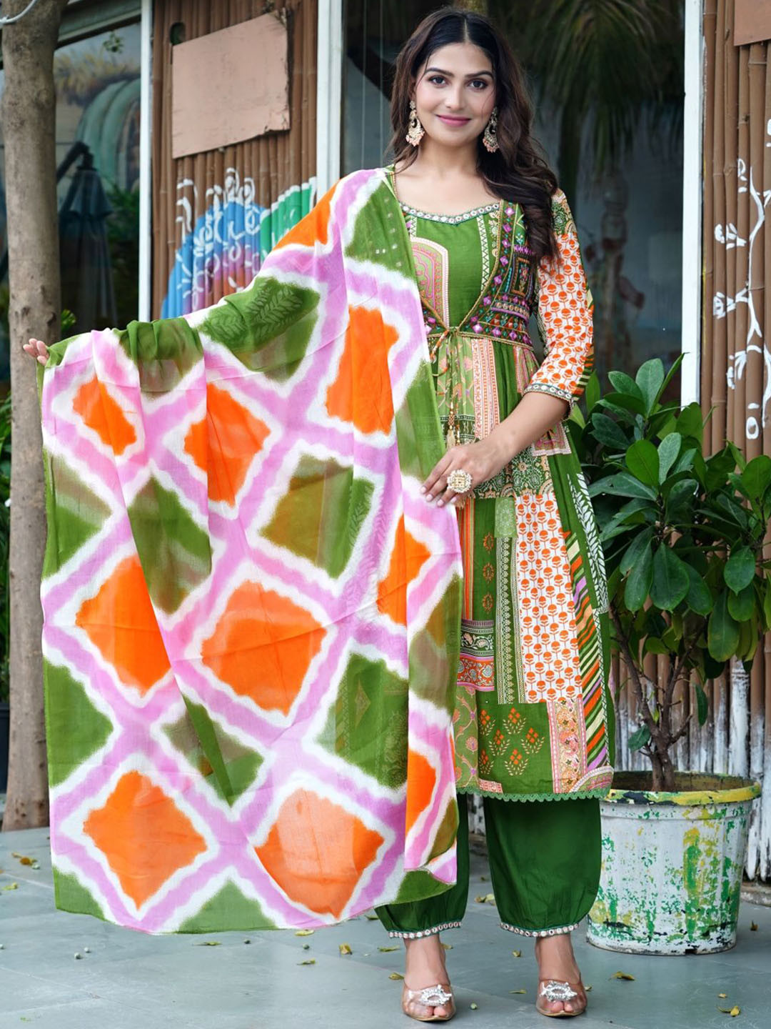 

KALINI Women Floral Printed Angrakha Thread Work Pure Cotton Kurta with Trousers & With Dupatta, Green
