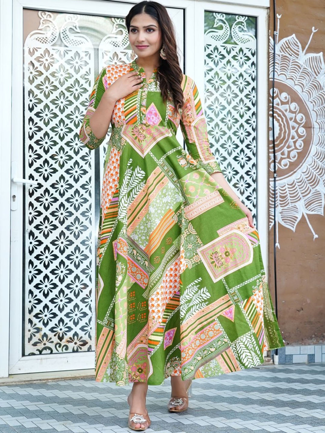 

KALINI Ethnic Motifs Printed Cotton Flared Maxi Ethnic Dresses, Green