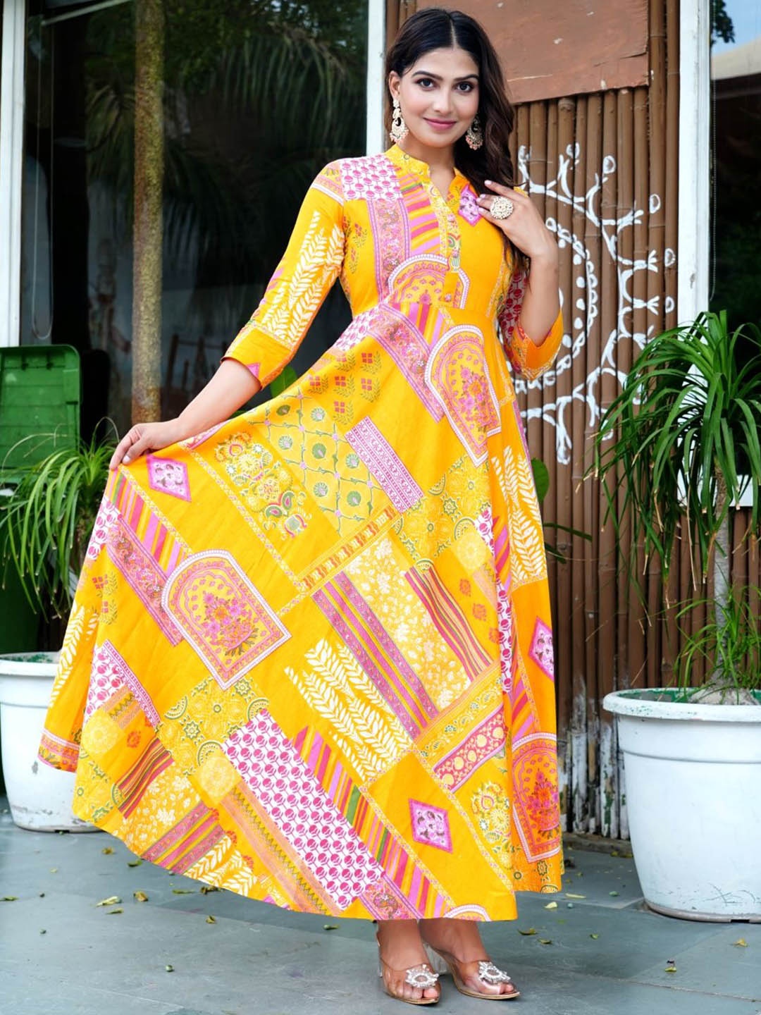 

KALINI Printed Cotton Anarkali Flare Maxi Ethnic Dress, Yellow