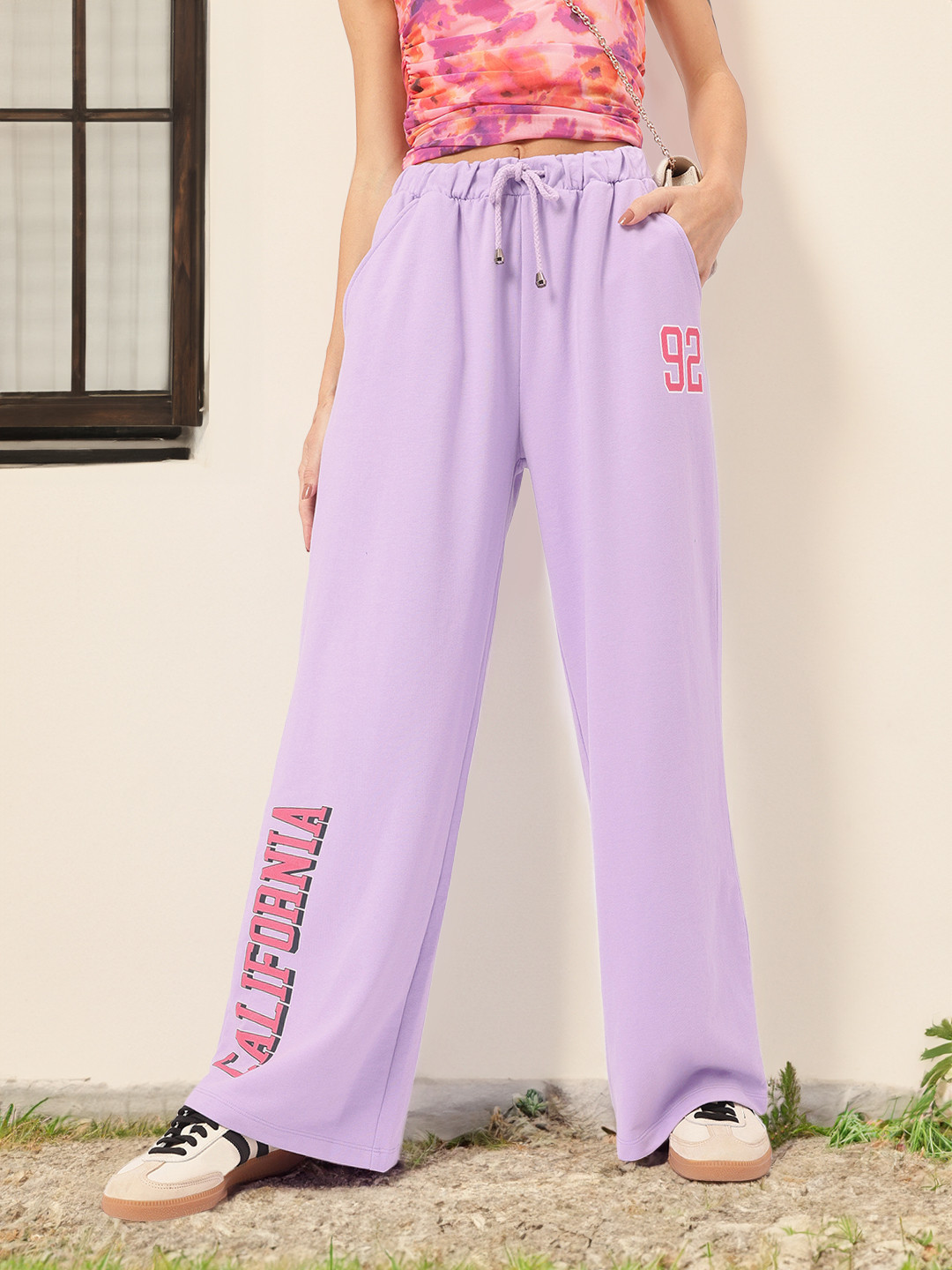 

DressBerry Women Knit Flex Printed Wide Leg Track Pants, Lavender