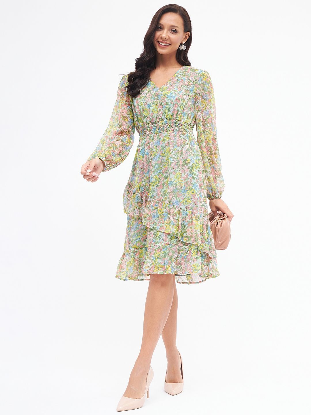

Kibo Floral Printed Puff Sleeve Fit & Flare Dress, Green