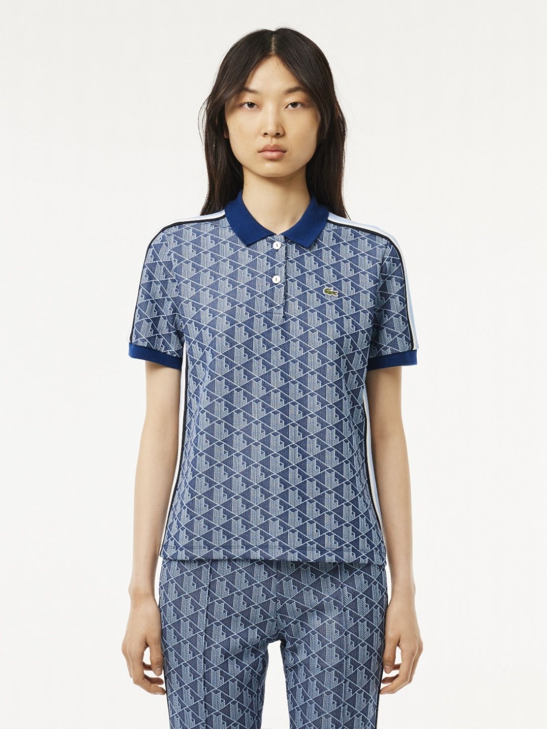

Lacoste Women Printed Polo Collar Pockets Slim Fit T-shirt, Blue