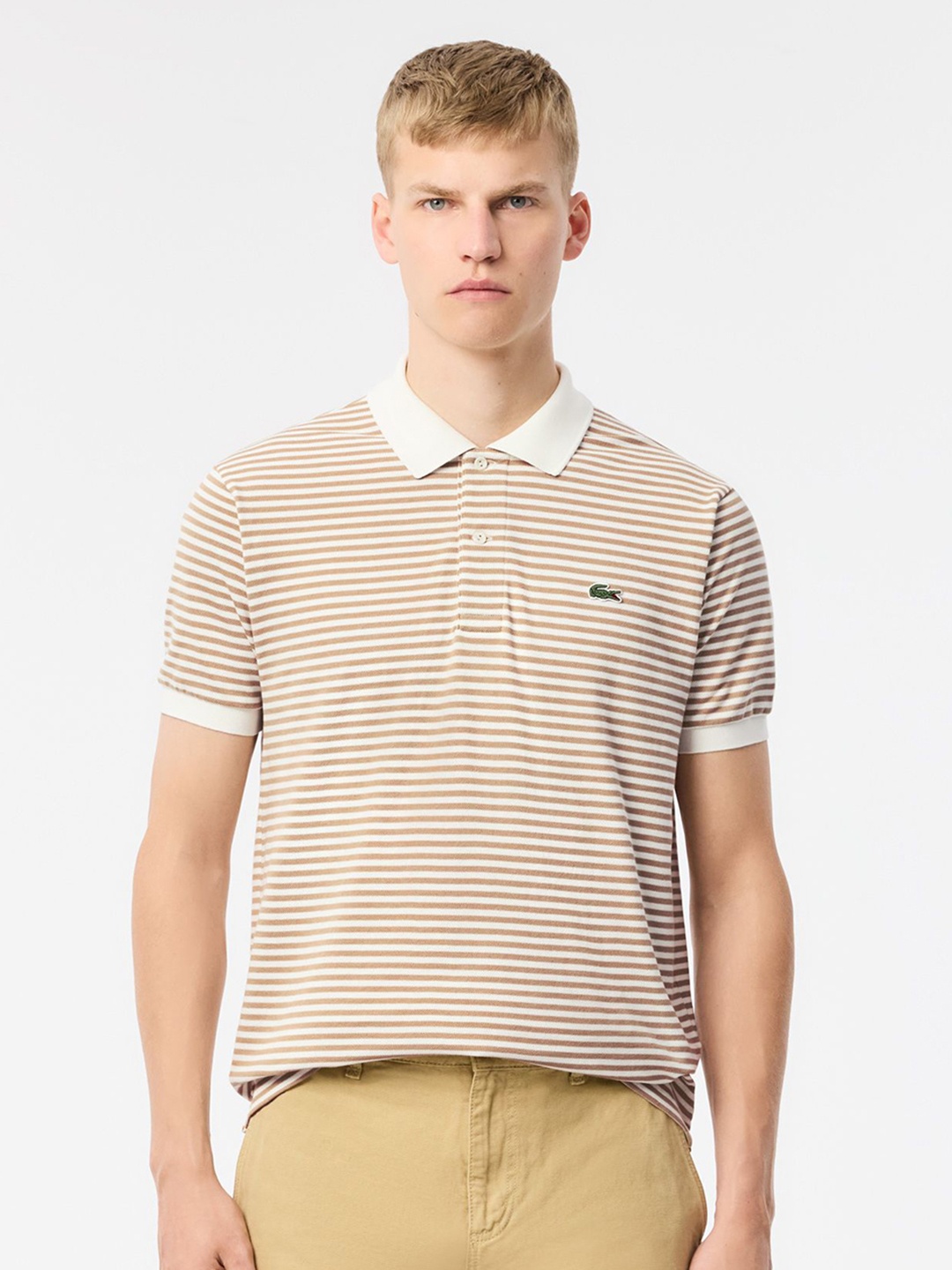 

Lacoste Men Striped Polo Collar Applique T-shirt, Brown