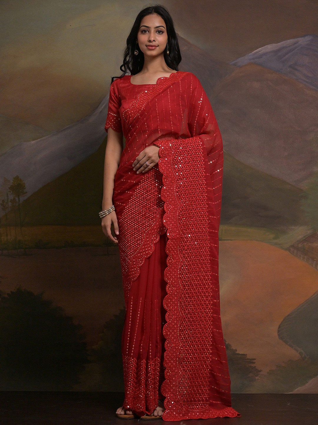 

AWRIYA Embroidered Sequinned Striped Saree, Red