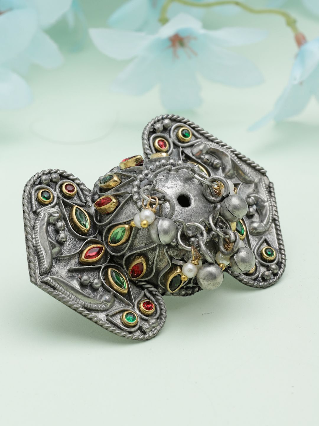 

Moedbuille Silver-Plated Stone Studded & Beaded Finger Ring