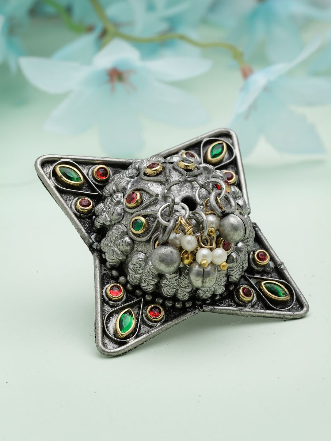 

Moedbuille Silver Plated Crystal Studded Finger Ring