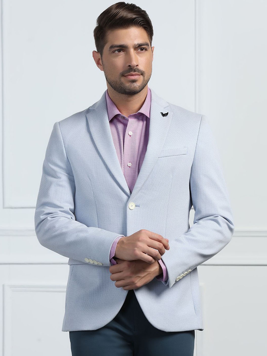 

Blackberrys Notched Lapel Slim Fit Single-Breasted Satin Formal Blazer, Blue
