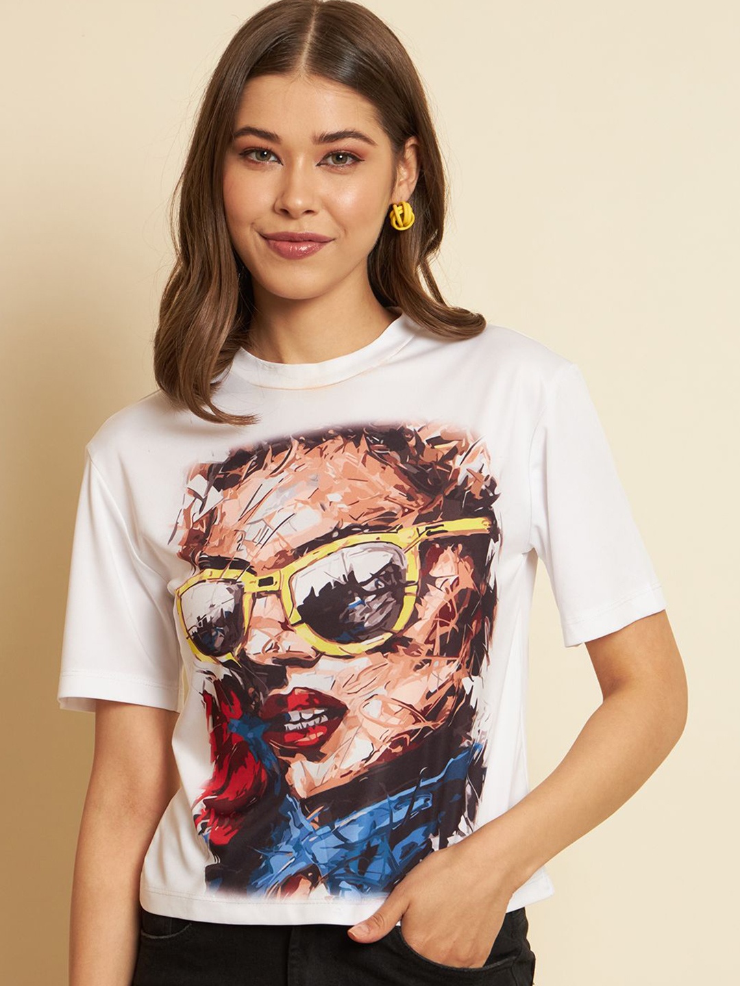 

TANDUL Graphic Printed Round Neck Top, White