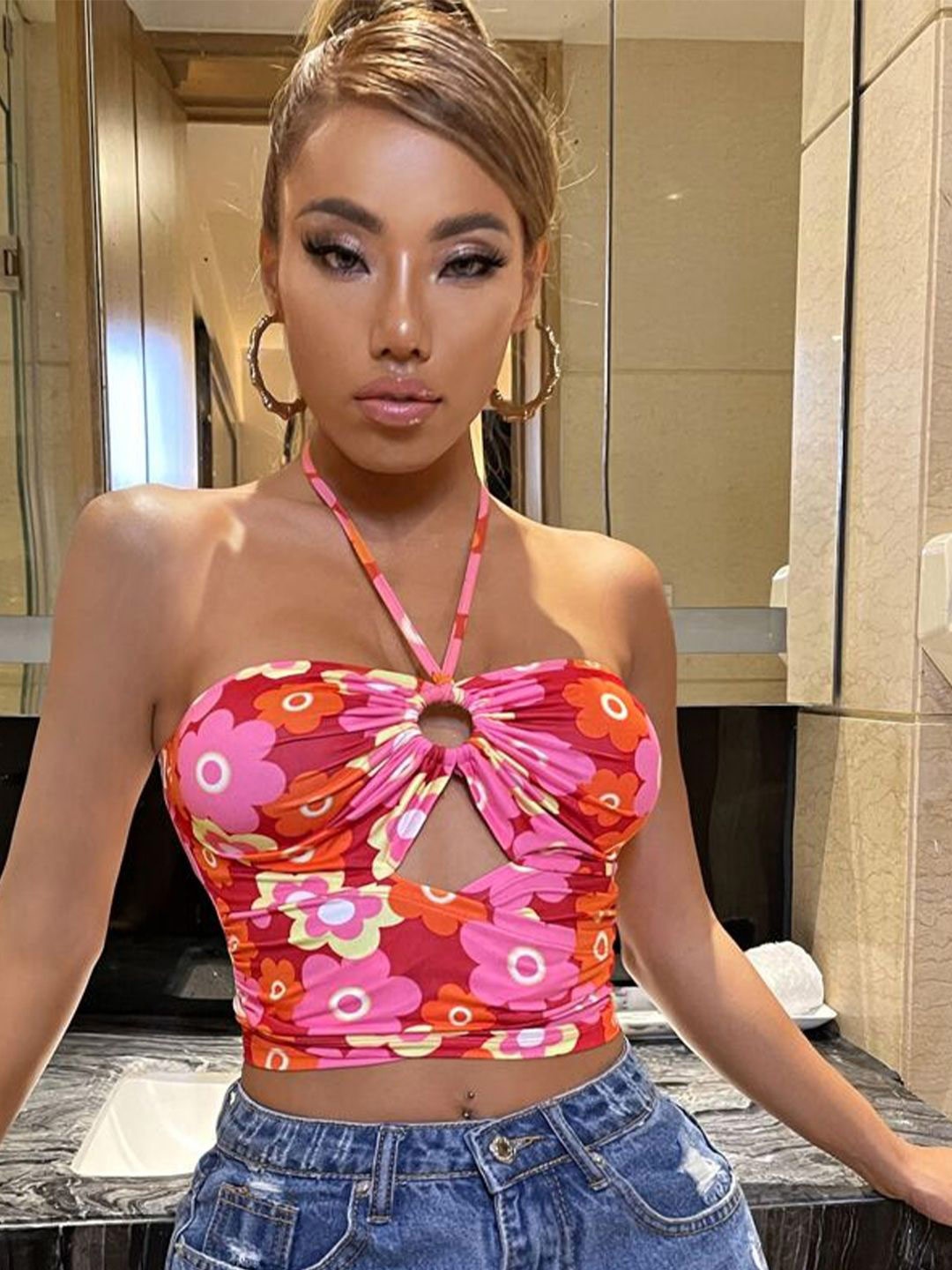 

TANDUL Women Floral Print Halter Neck Crop Top, Pink