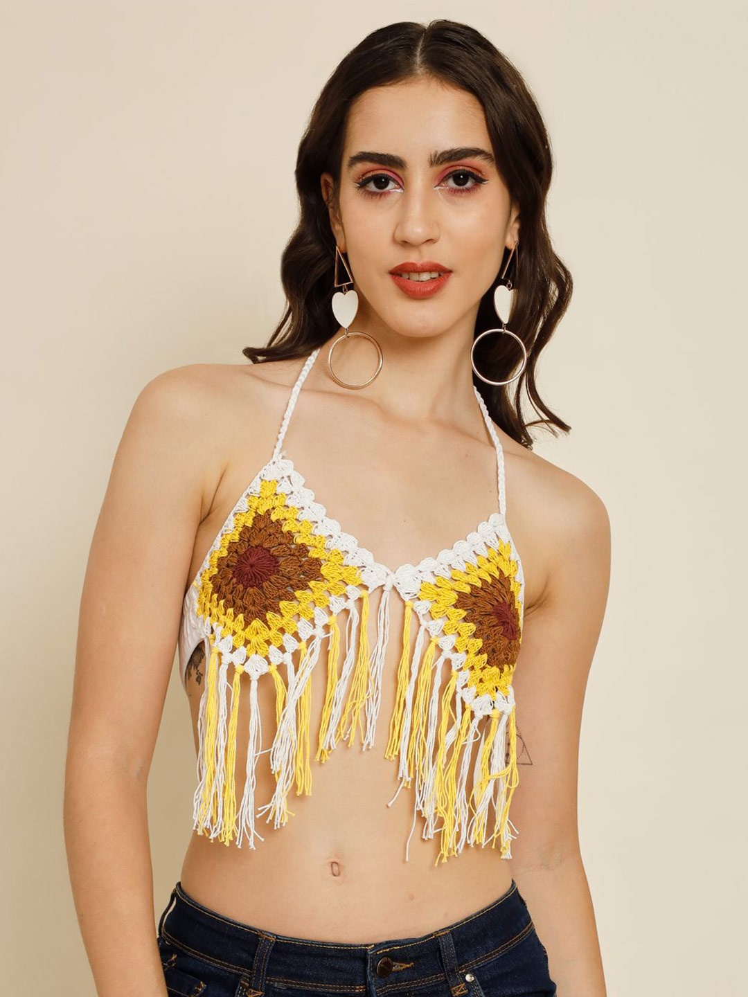 

TANDUL Solid Embroidered Halter Neck Bralette Crop Top, White