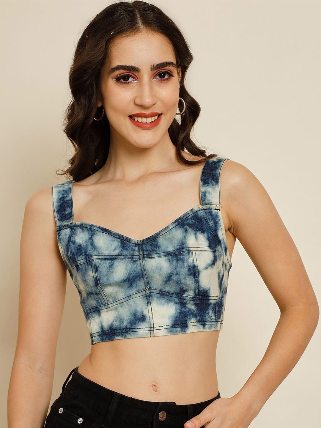 

TANDUL Women Tie and Dye Sweetheart Neck Bralette Crop Top, Blue