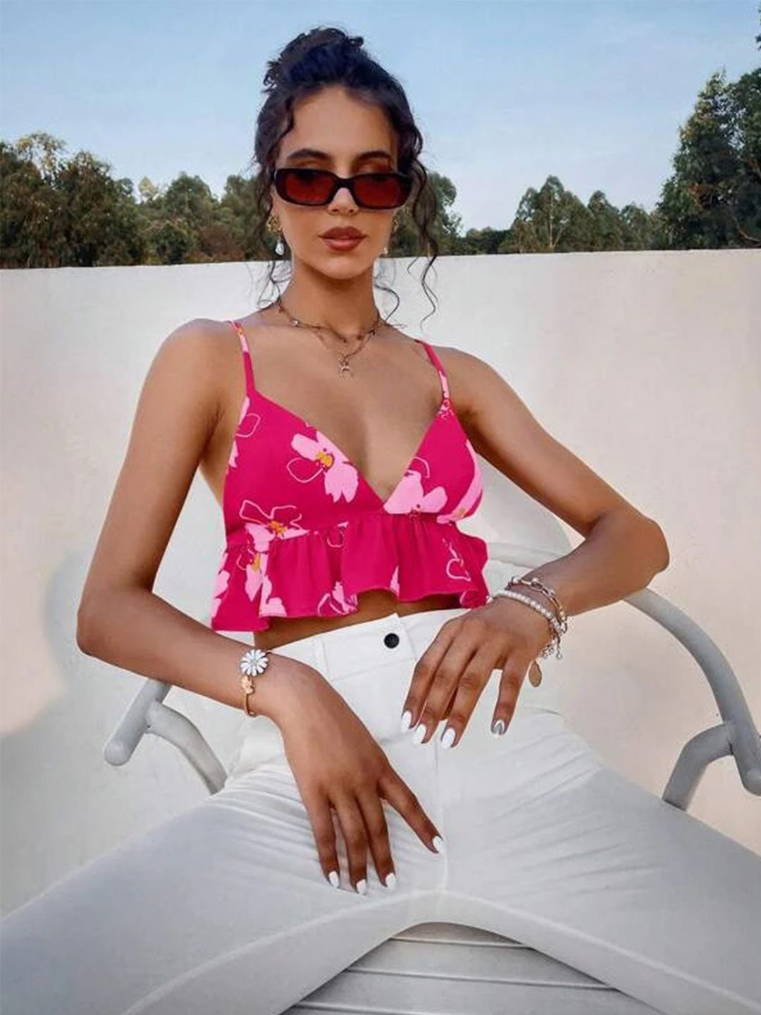 

TANDUL Floral Printed Crepe Crop Top, Pink
