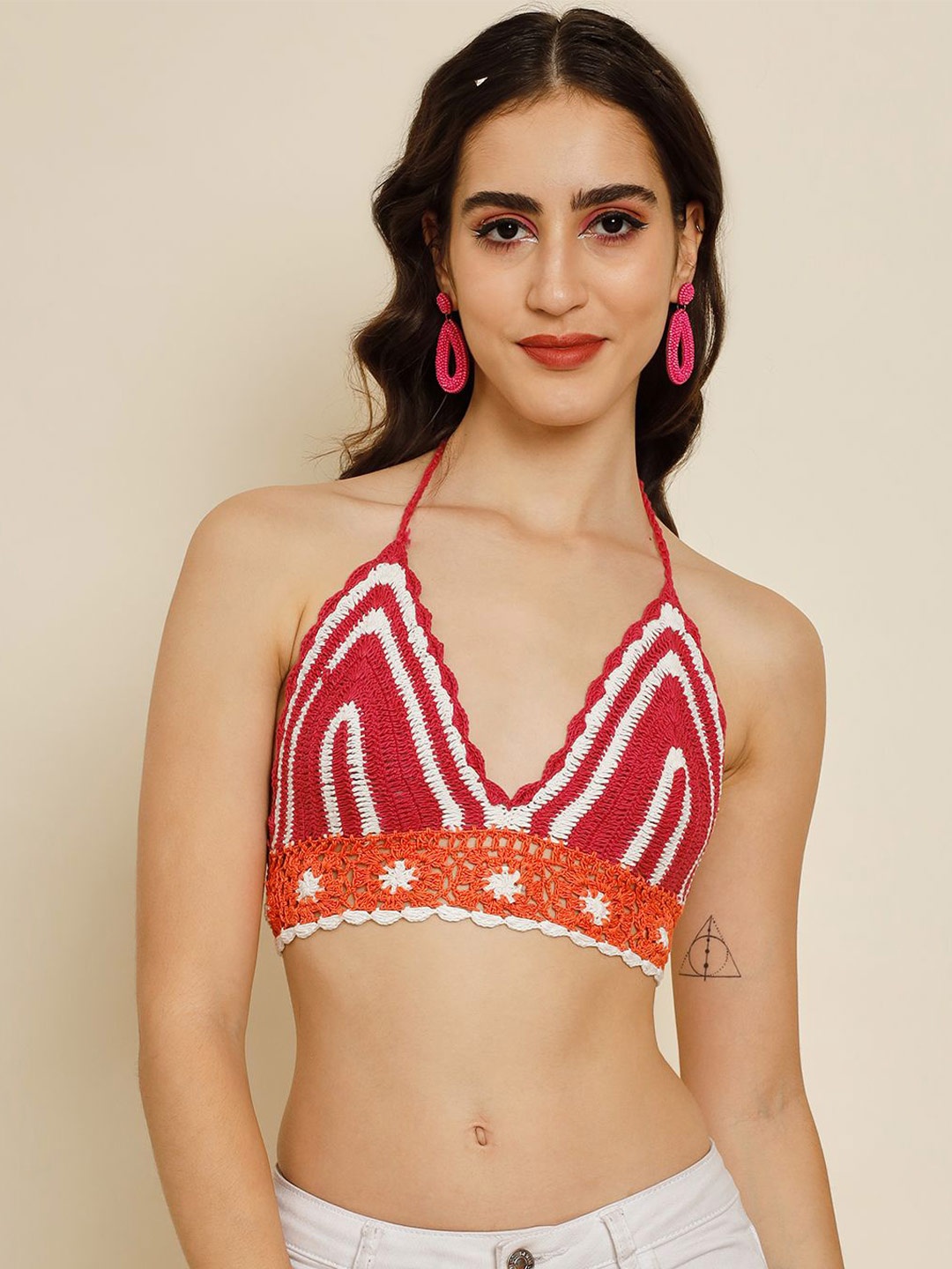 

TANDUL Self Design Halter Neck Bralette Crochet Crop Top, Red