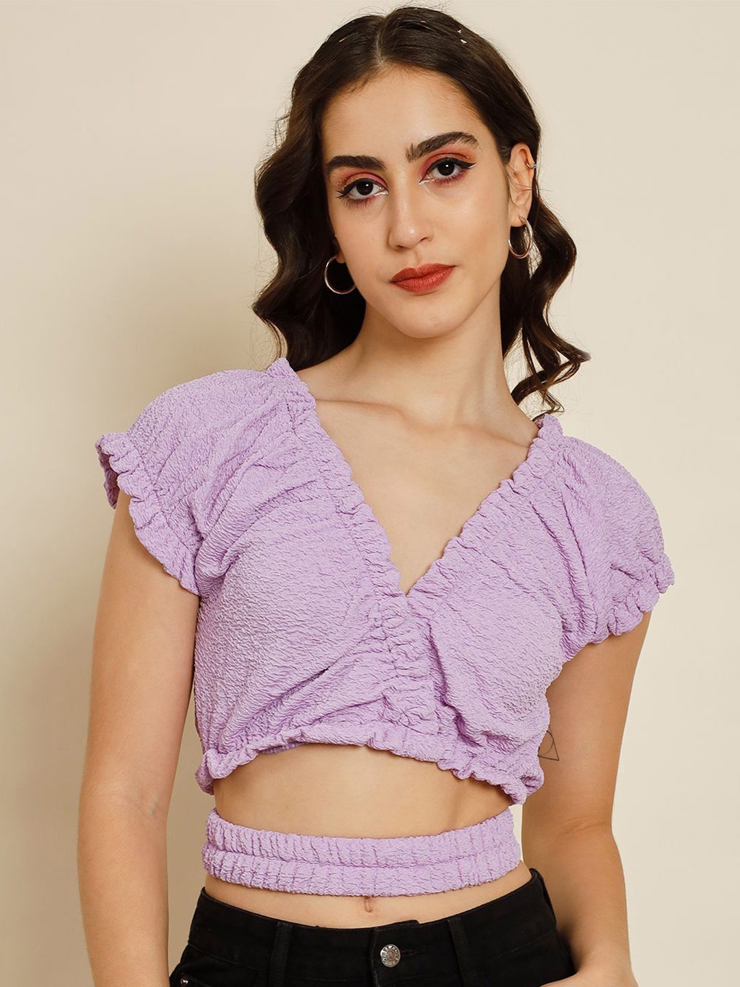 

TANDUL Women V-Neck Short Sleeves Crop Top, Purple