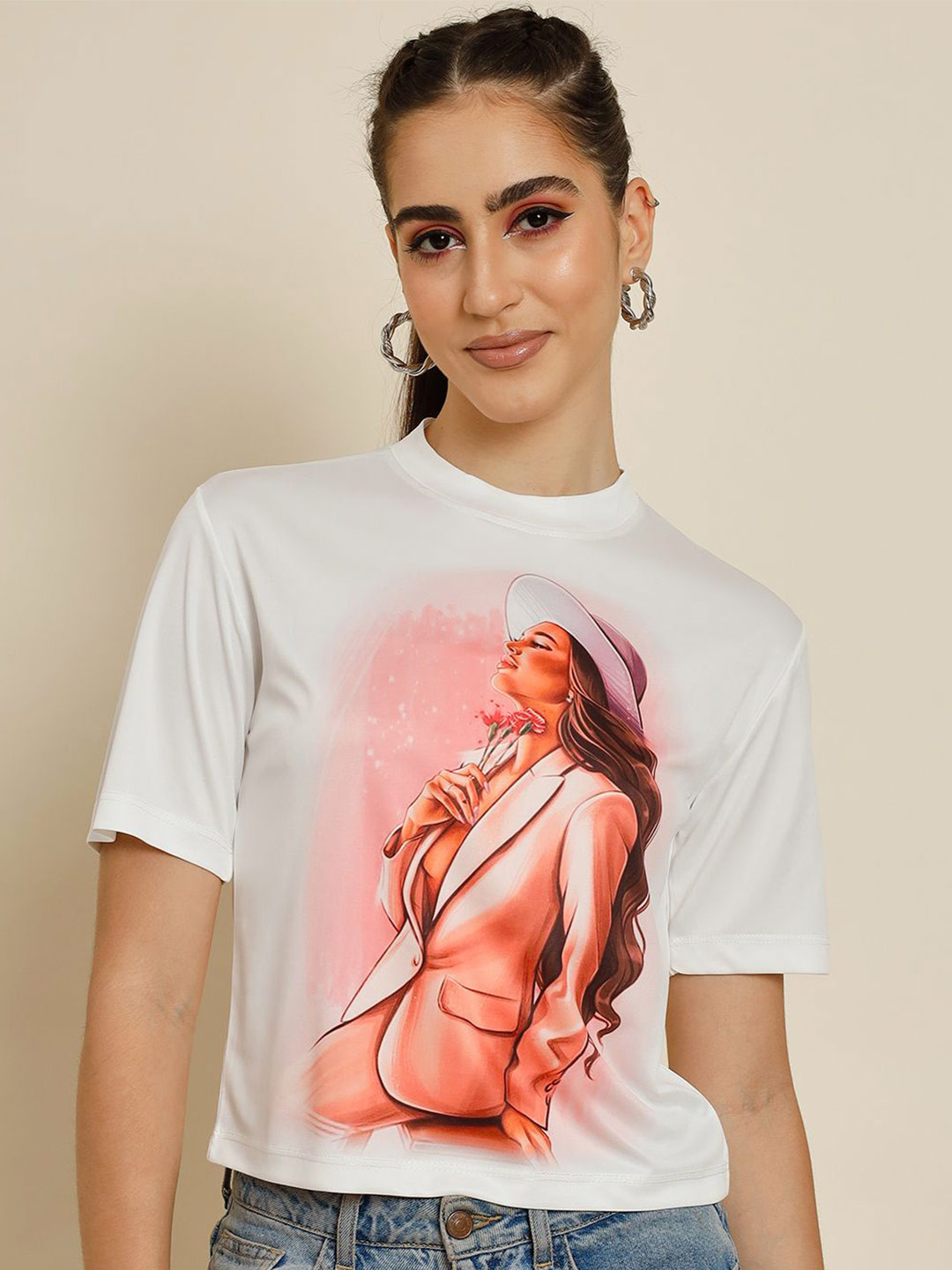 

TANDUL Graphic Printed Round Neck Crop Top, White