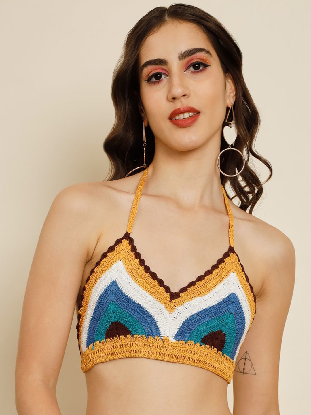 

TANDUL Halter Neck Bralette Crochet Crop Top, Yellow